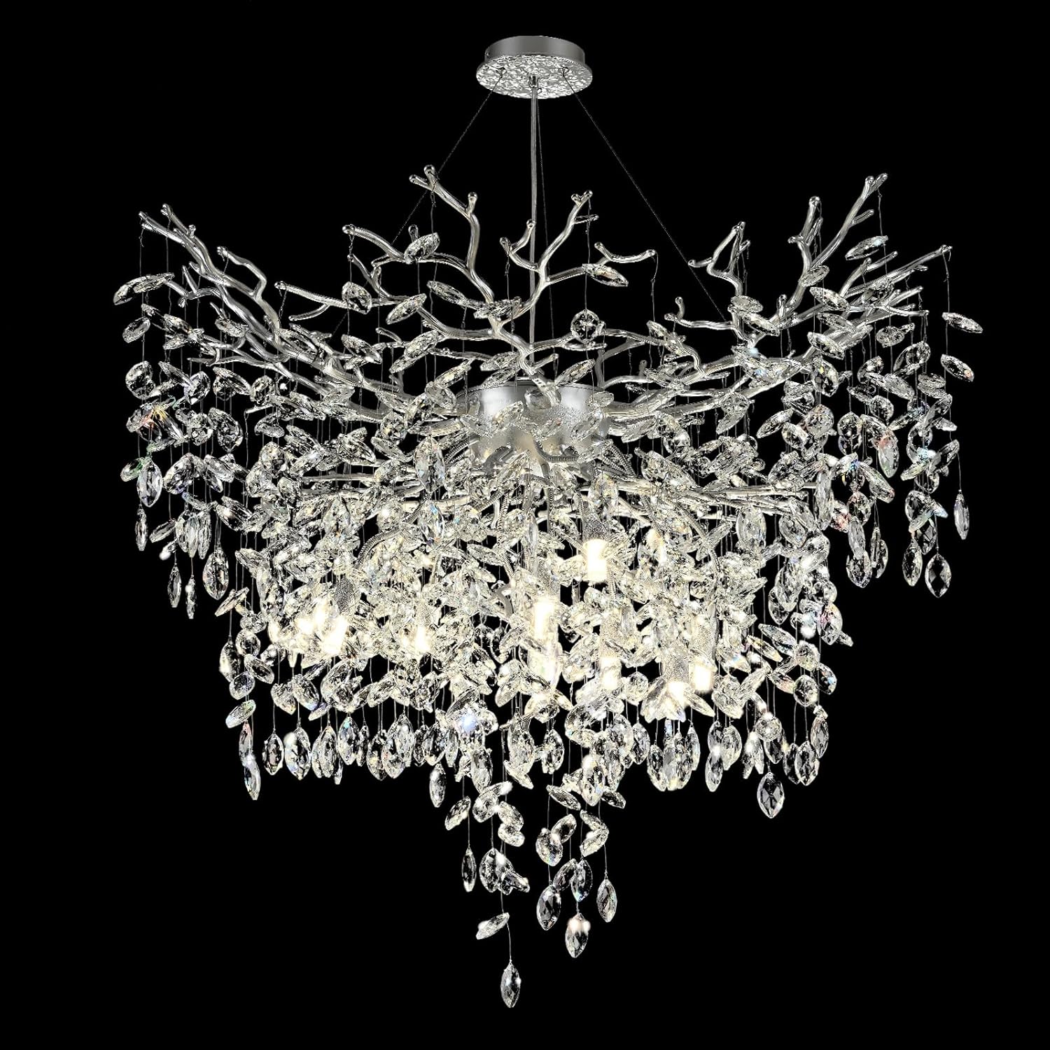 Luxury Round Branch Crystal Chandelier Modern LED Pendant Light Adjustable Height Ceiling Fixture