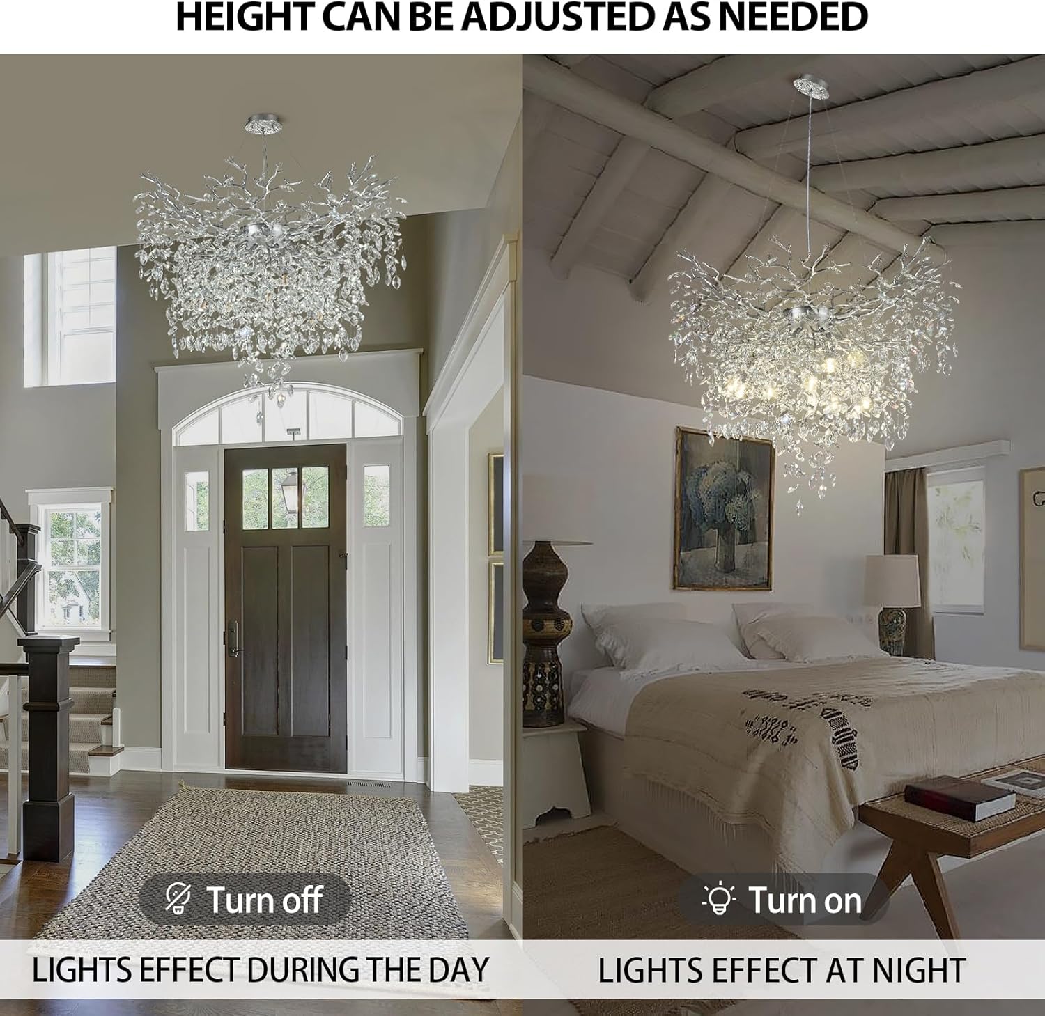 Luxury Round Branch Crystal Chandelier Modern LED Pendant Light Adjustable Height Ceiling Fixture