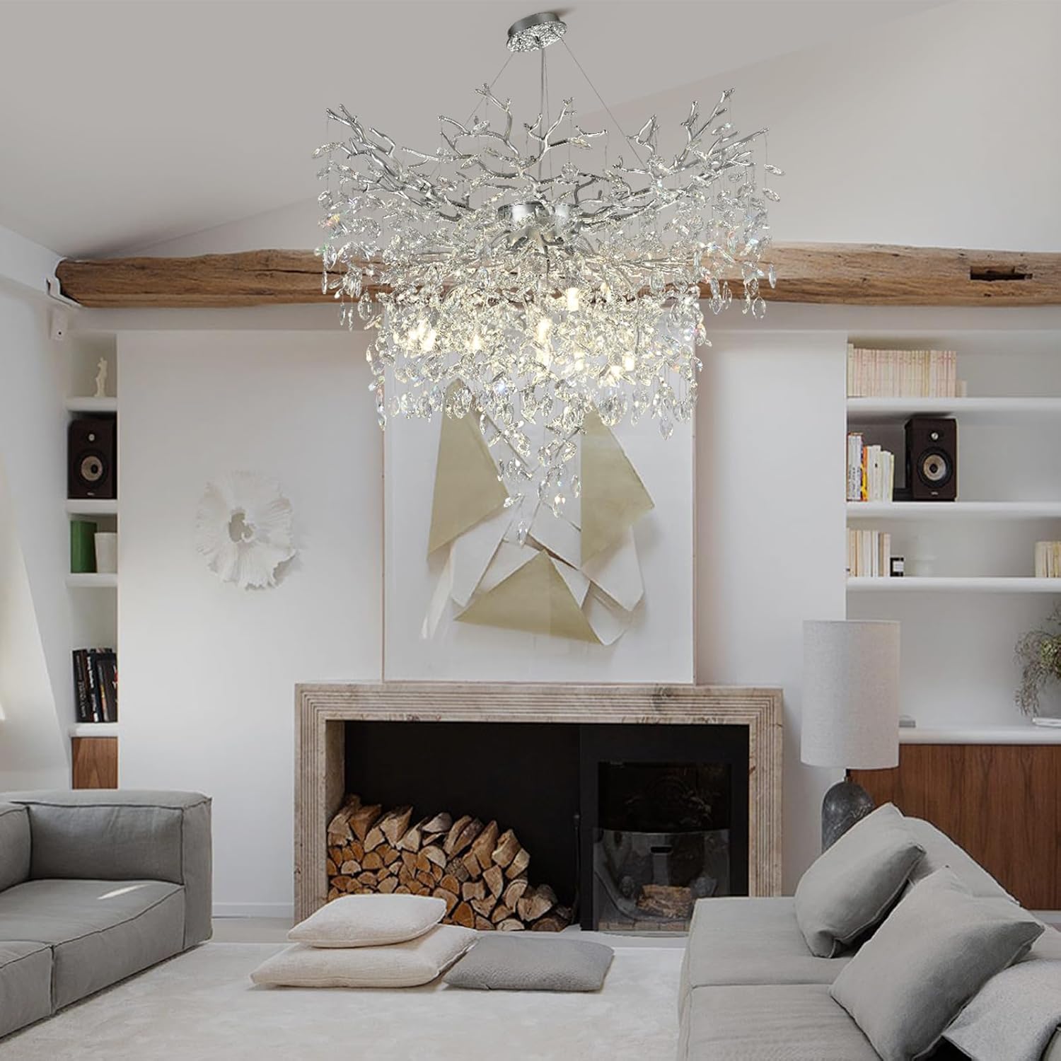 Luxury Round Branch Crystal Chandelier Modern LED Pendant Light Adjustable Height Ceiling Fixture