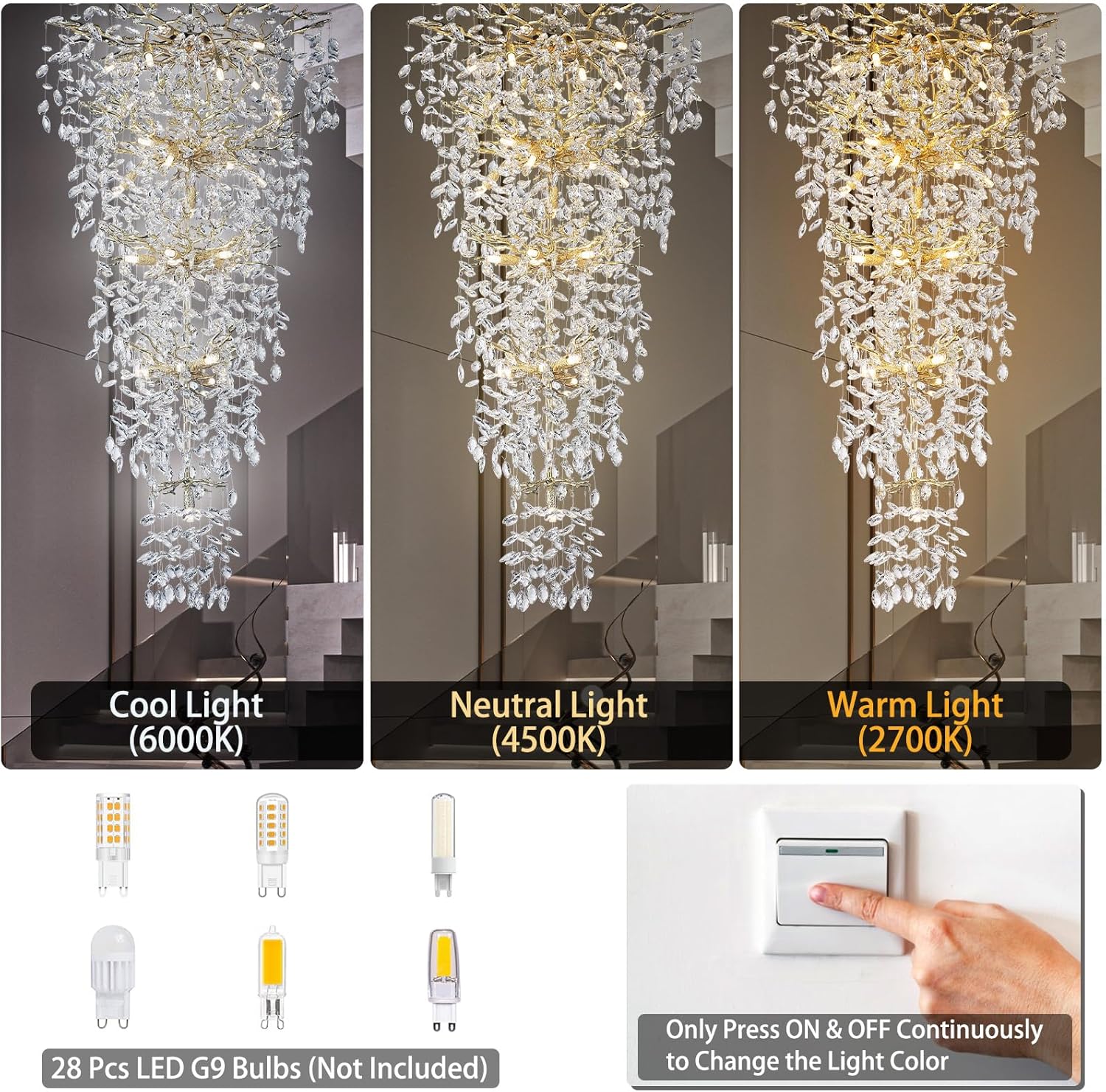 Luxury Tree Branch Crystal Chandelier – Gold Leaf-Inspired Cascading Pendant Light for Staircase or Foyer (28 G9 LEDs, Adjustable Height)
