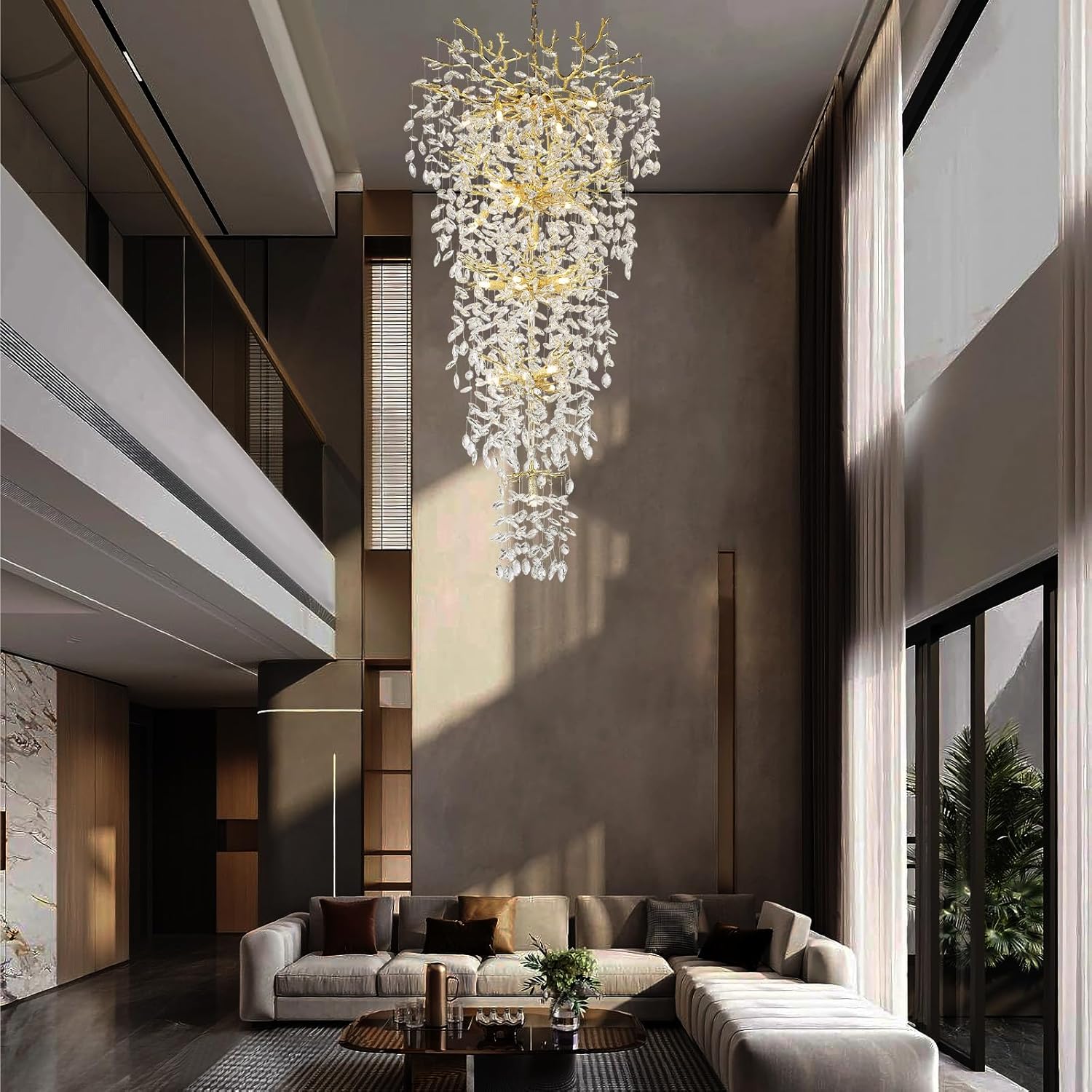 Luxury Tree Branch Crystal Chandelier – Gold Leaf-Inspired Cascading Pendant Light for Staircase or Foyer (28 G9 LEDs, Adjustable Height)