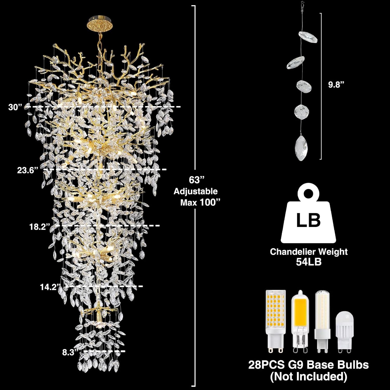 Luxury Tree Branch Crystal Chandelier – Gold Leaf-Inspired Cascading Pendant Light for Staircase or Foyer (28 G9 LEDs, Adjustable Height)