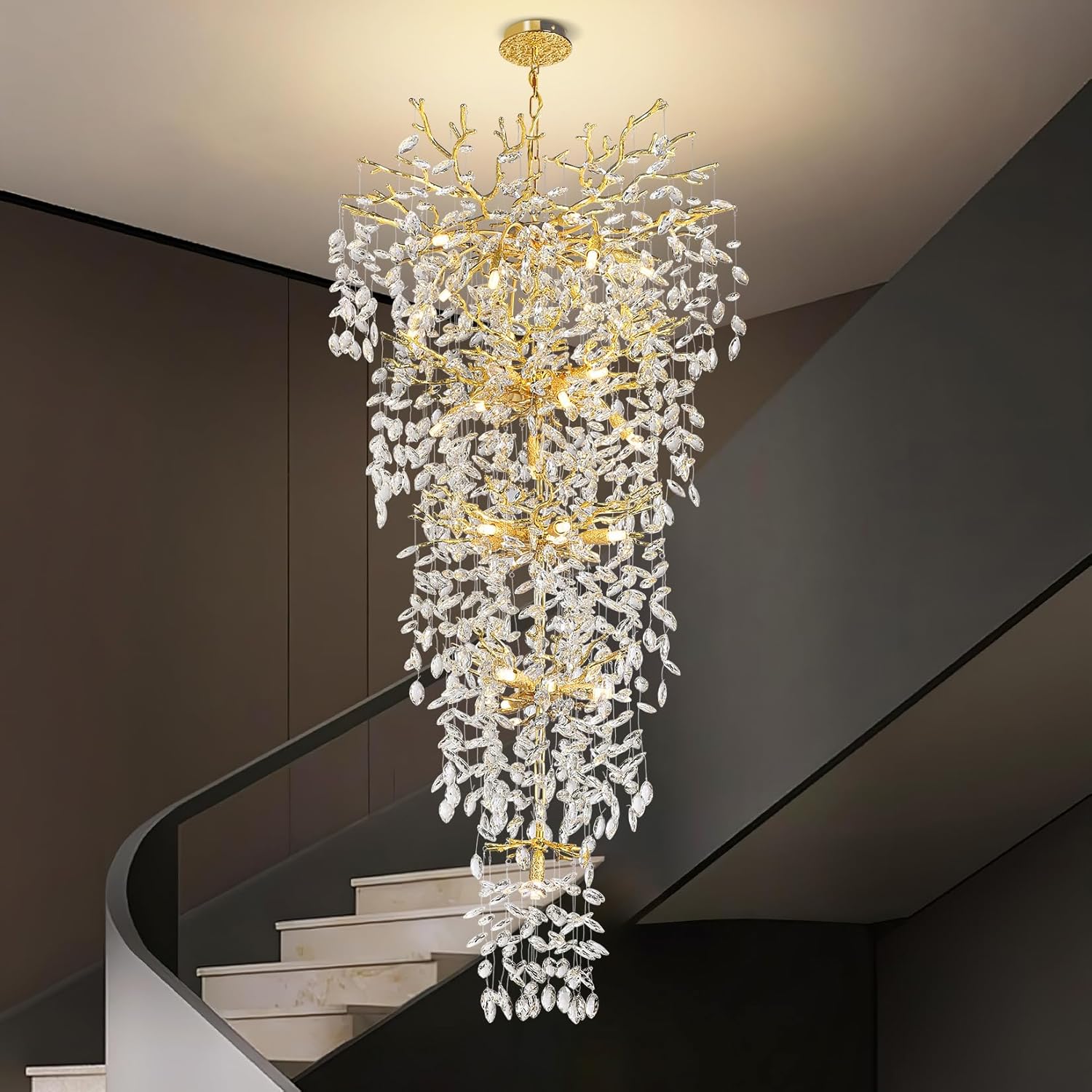 Luxury Tree Branch Crystal Chandelier – Gold Leaf-Inspired Cascading Pendant Light for Staircase or Foyer (28 G9 LEDs, Adjustable Height)