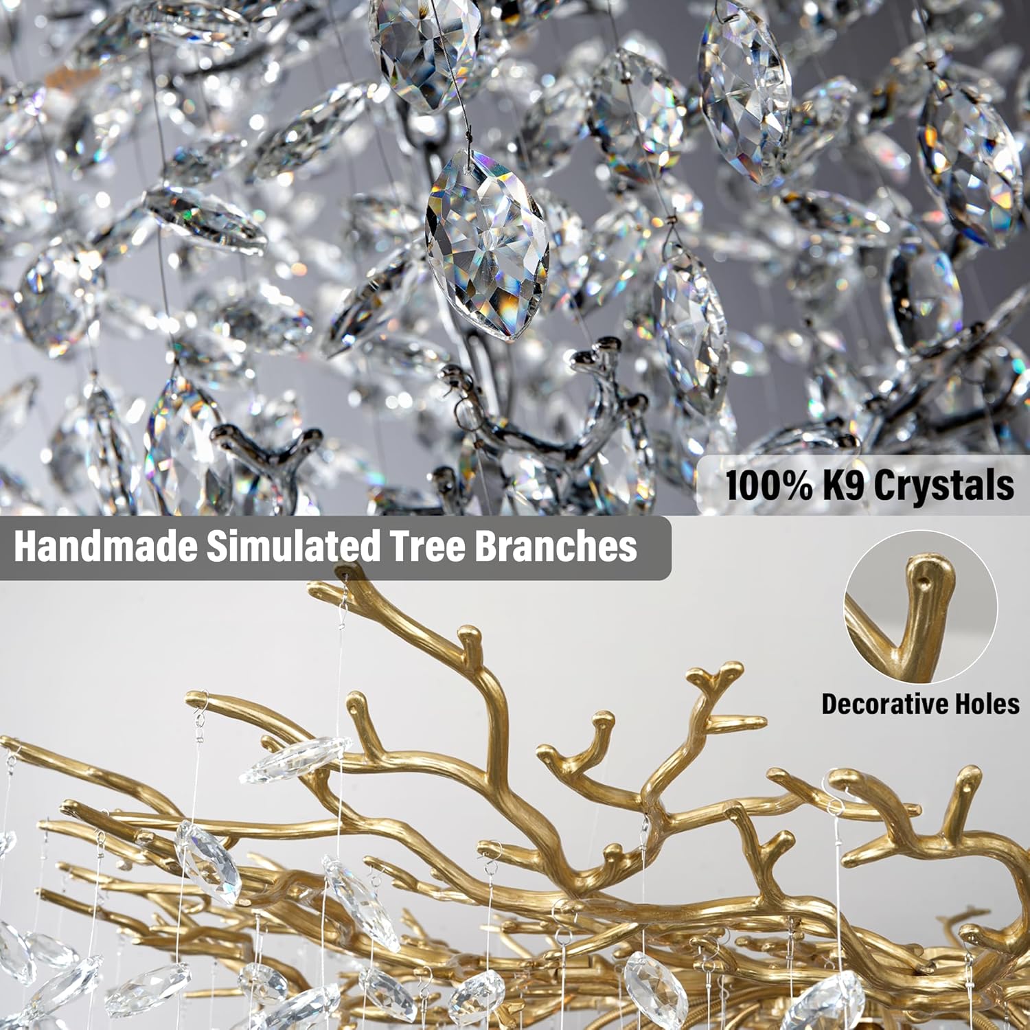 Luxury Tree Branch Crystal Chandelier – Gold Leaf-Inspired Cascading Pendant Light for Staircase or Foyer (28 G9 LEDs, Adjustable Height)