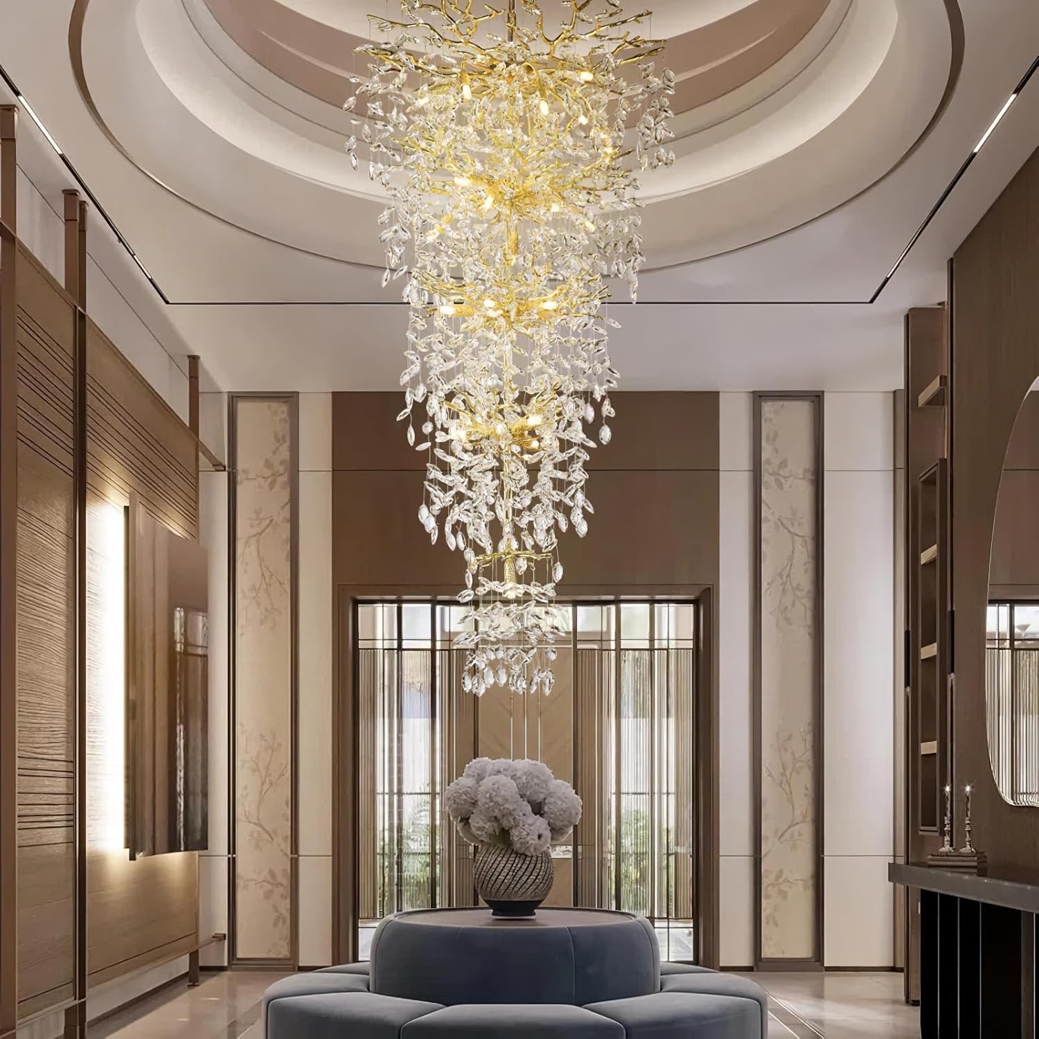 Luxury Tree Branch Crystal Chandelier – Gold Leaf-Inspired Cascading Pendant Light for Staircase or Foyer (28 G9 LEDs, Adjustable Height)