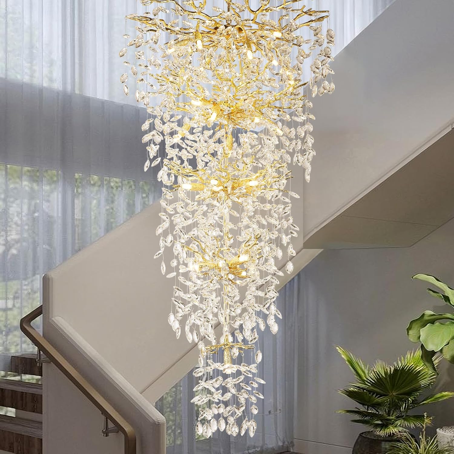 Luxury Tree Branch Crystal Chandelier – Gold Leaf-Inspired Cascading Pendant Light for Staircase or Foyer (28 G9 LEDs, Adjustable Height)