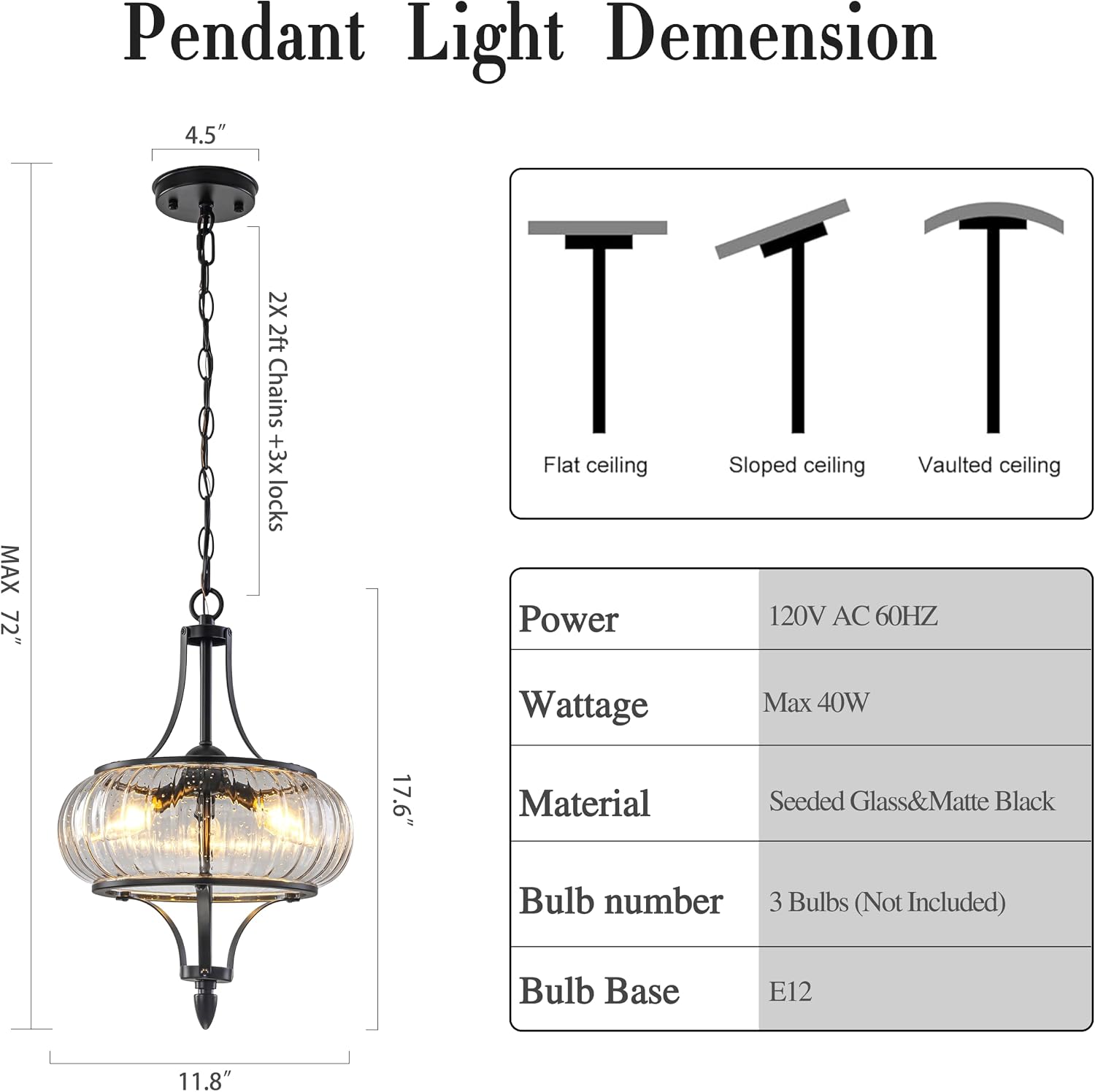 Luxury Club House 3-Light Seeded Glass Pendant Chandelier Matte Black Adjustable Chain E12 Ceiling Light