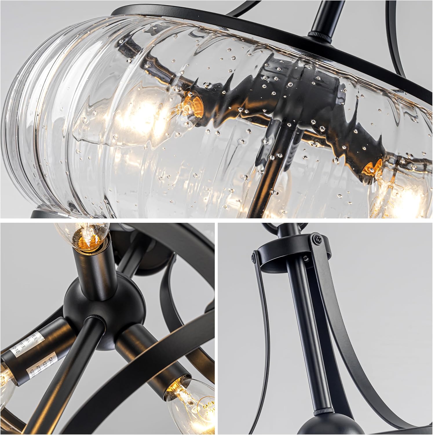 Luxury Club House 3-Light Seeded Glass Pendant Chandelier Matte Black Adjustable Chain E12 Ceiling Light