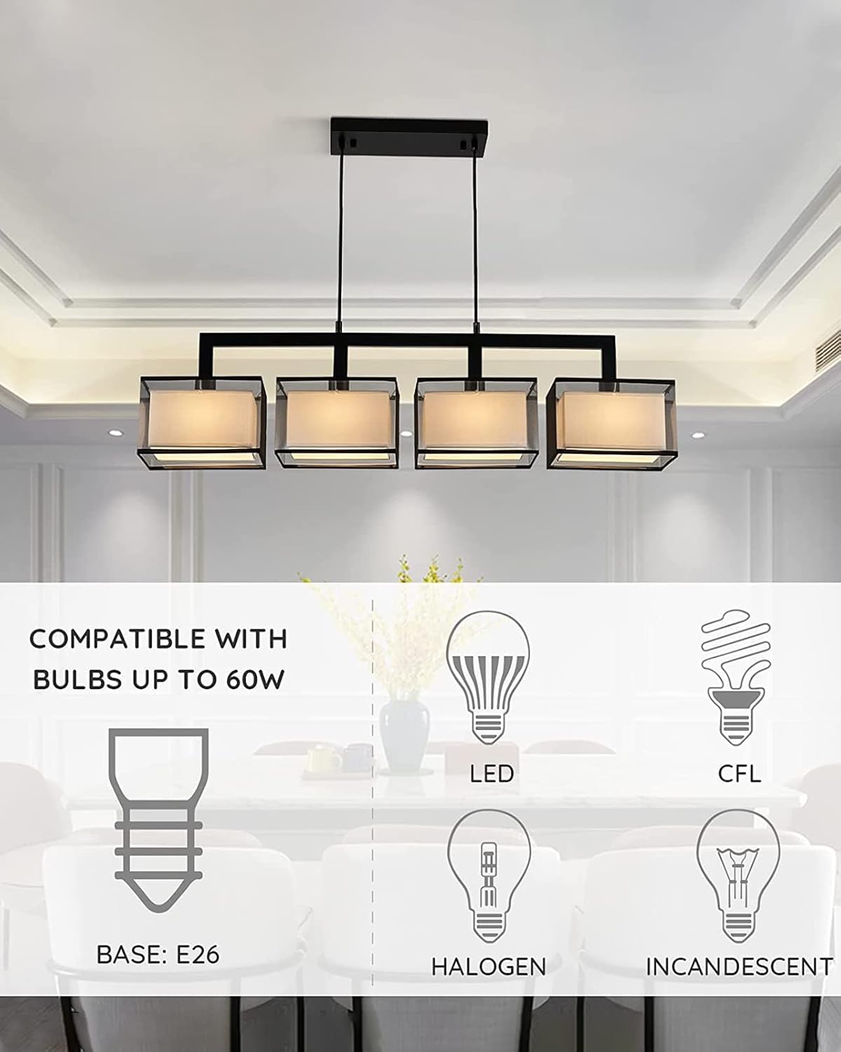 Modern 4-Light Linear Pendant Chandelier Matte Black Fabric Shade Dining Table Light