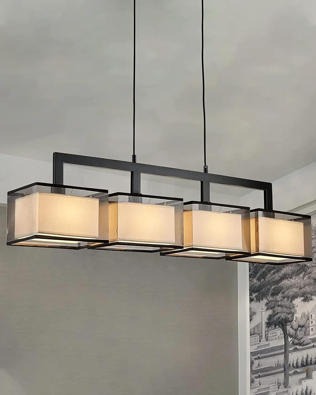 Modern 4-Light Linear Pendant Chandelier Matte Black Fabric Shade Dining Table Light