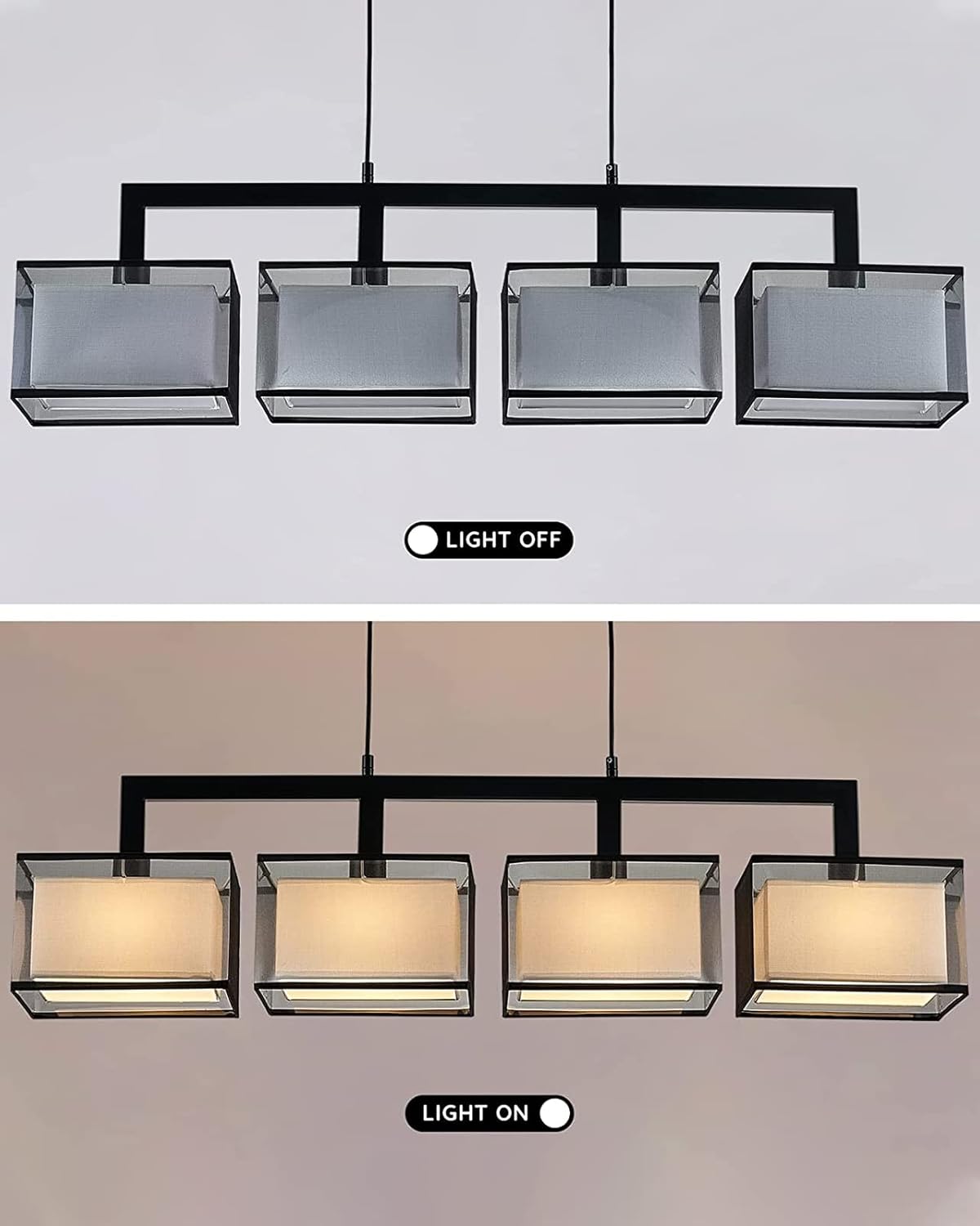 Modern 4-Light Linear Pendant Chandelier Matte Black Fabric Shade Dining Table Light