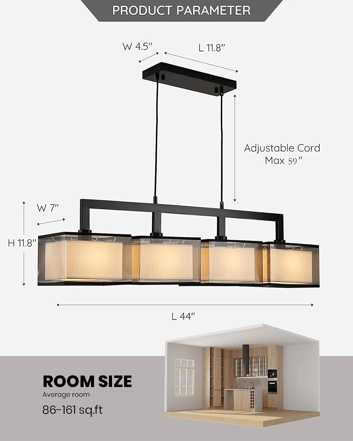 Modern 4-Light Linear Pendant Chandelier Matte Black Fabric Shade Dining Table Light