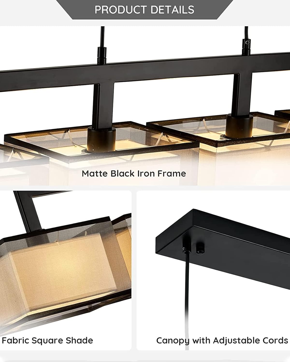 Modern 4-Light Linear Pendant Chandelier Matte Black Fabric Shade Dining Table Light