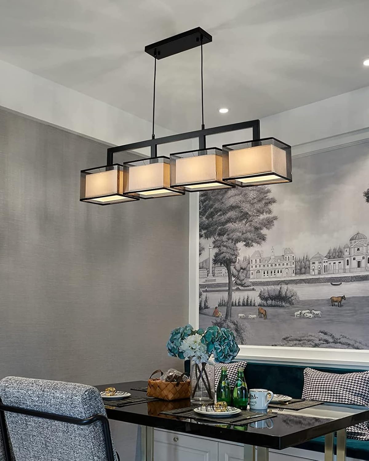 Modern 4-Light Linear Pendant Chandelier Matte Black Fabric Shade Dining Table Light