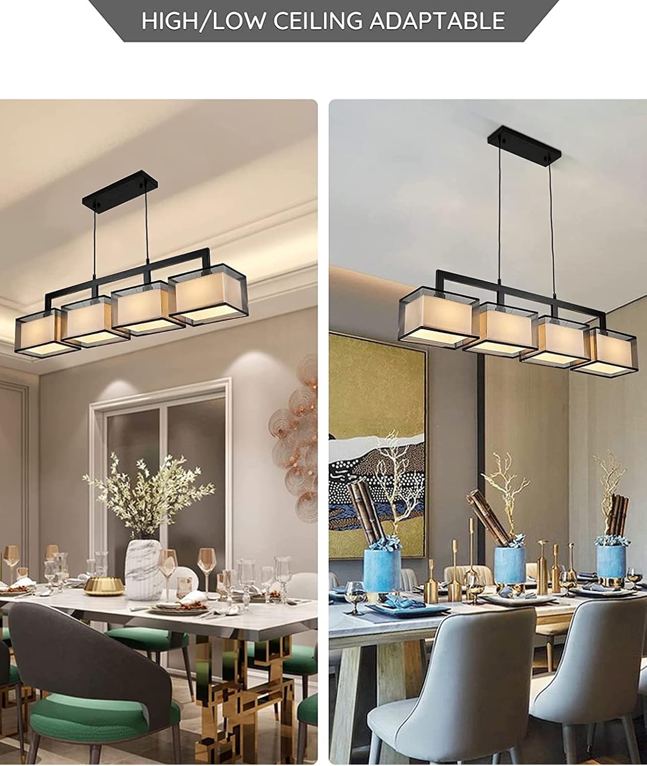 Modern 4-Light Linear Pendant Chandelier Matte Black Fabric Shade Dining Table Light