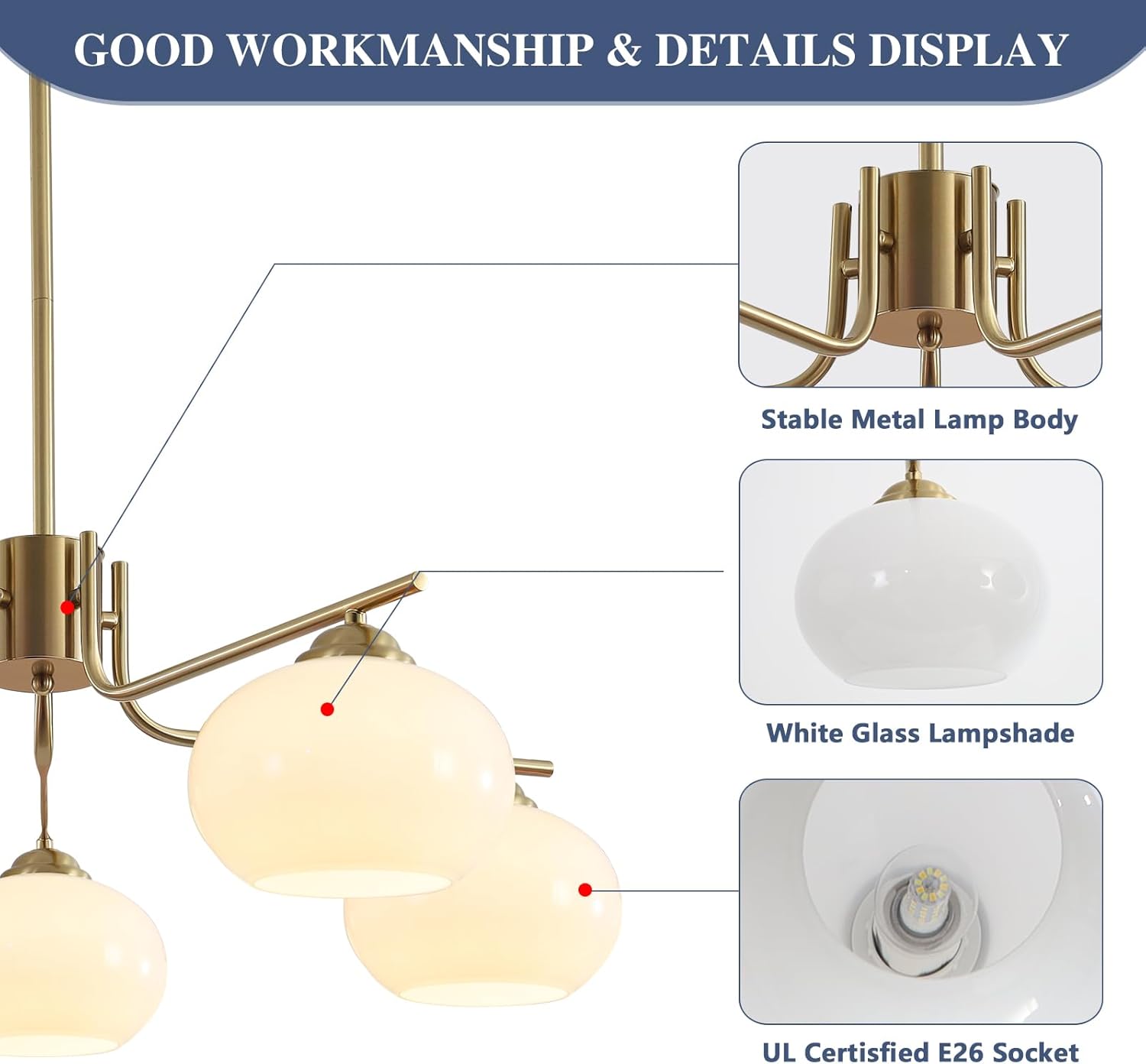 Modern Gold 5-Light Chandelier Mid Century Pendant Light with Glass Shades Adjustable Ceiling Fixture