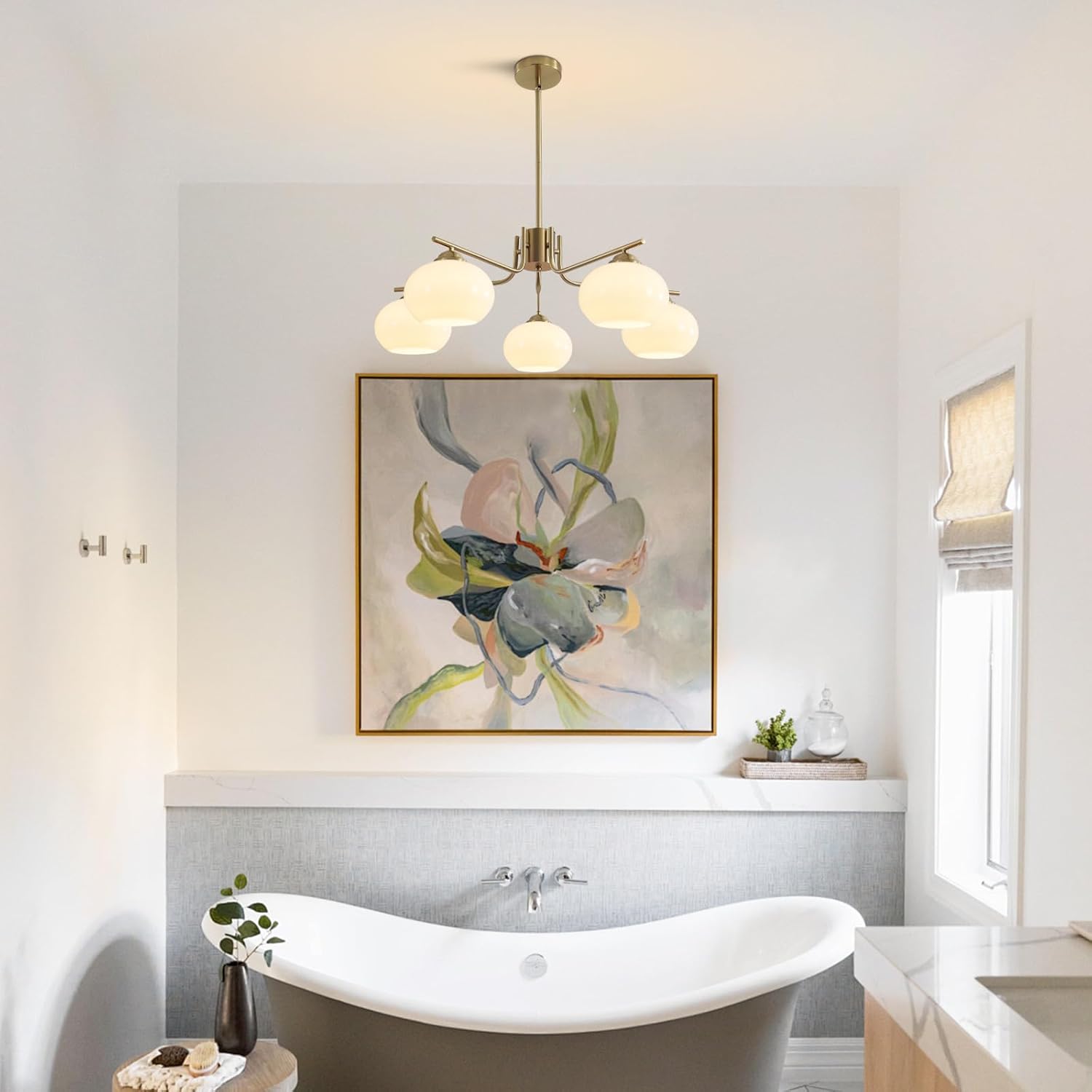 Modern Gold 5-Light Chandelier Mid Century Pendant Light with Glass Shades Adjustable Ceiling Fixture