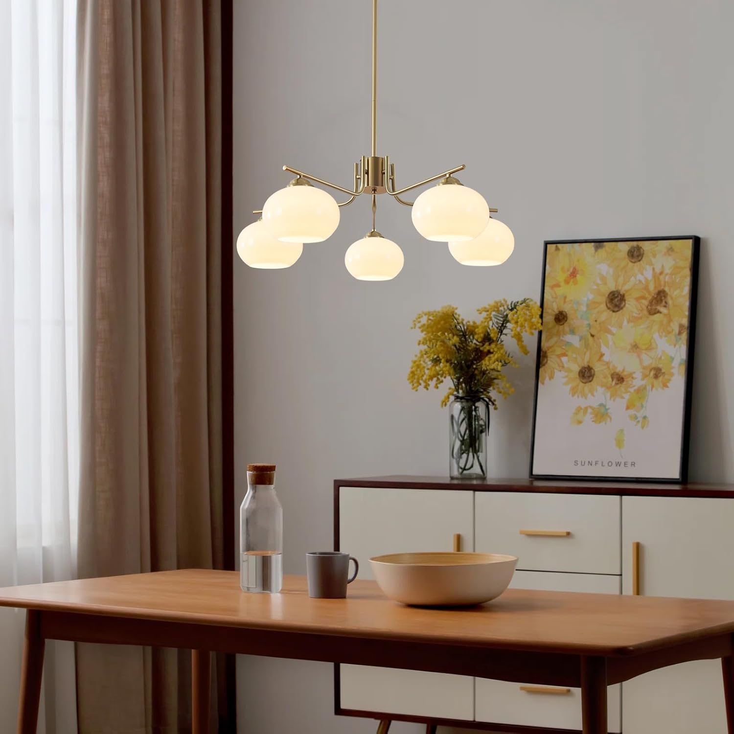 Modern Gold 5-Light Chandelier Mid Century Pendant Light with Glass Shades Adjustable Ceiling Fixture