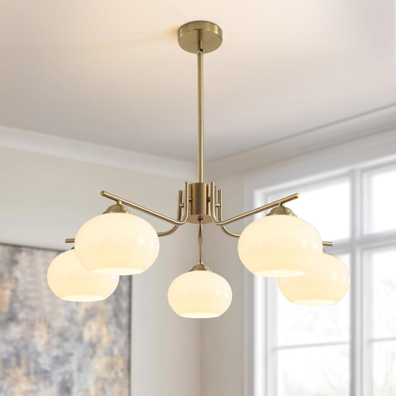 Modern Gold 5-Light Chandelier Mid Century Pendant Light with Glass Shades Adjustable Ceiling Fixture