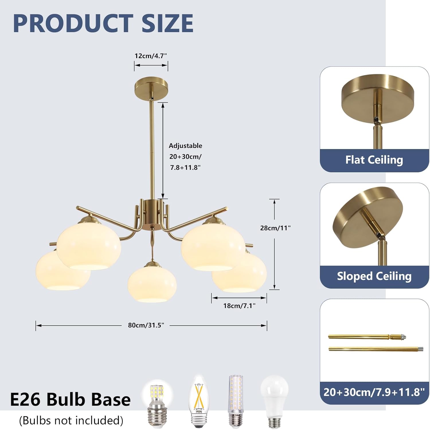 Modern Gold 5-Light Chandelier Mid Century Pendant Light with Glass Shades Adjustable Ceiling Fixture