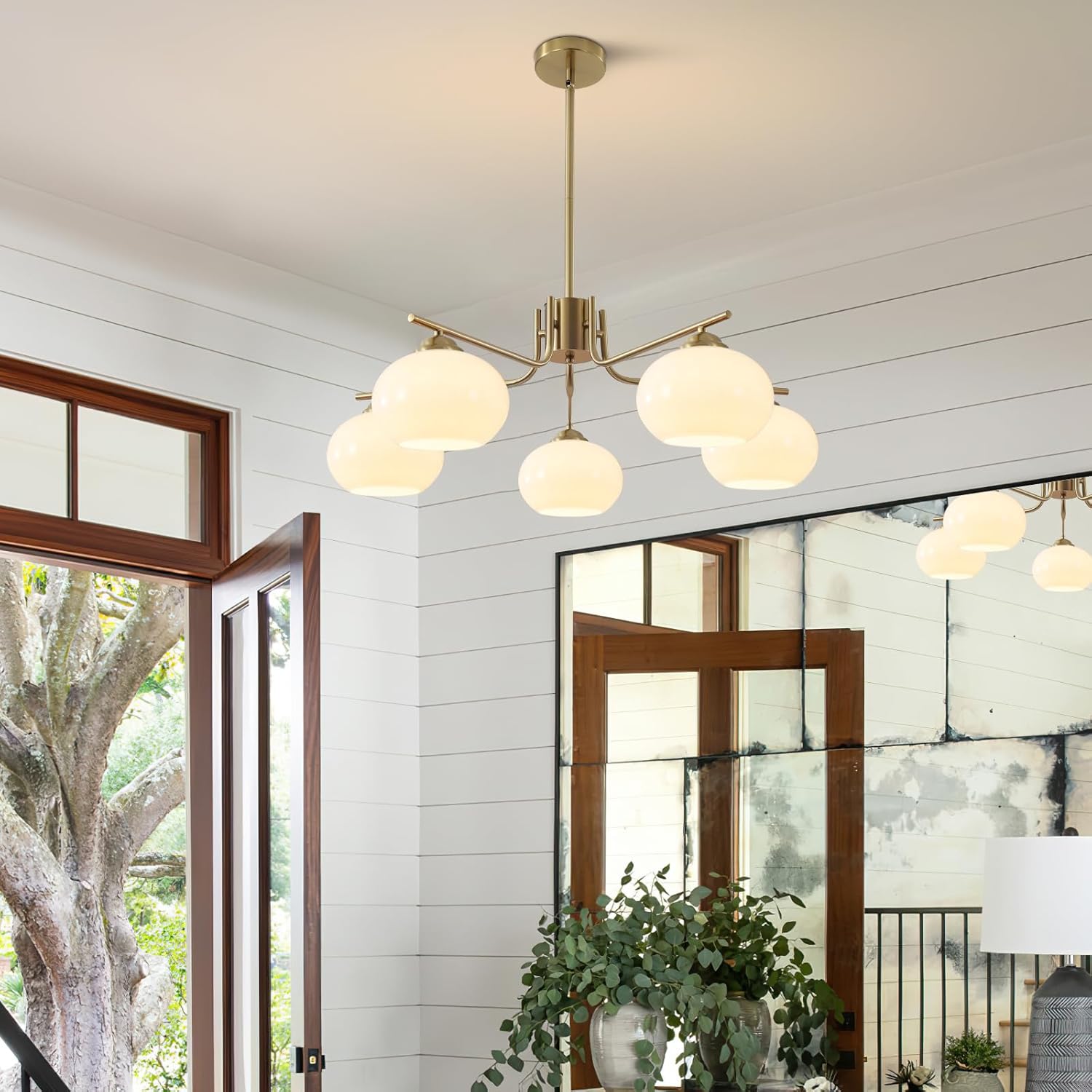 Modern Gold 5-Light Chandelier Mid Century Pendant Light with Glass Shades Adjustable Ceiling Fixture