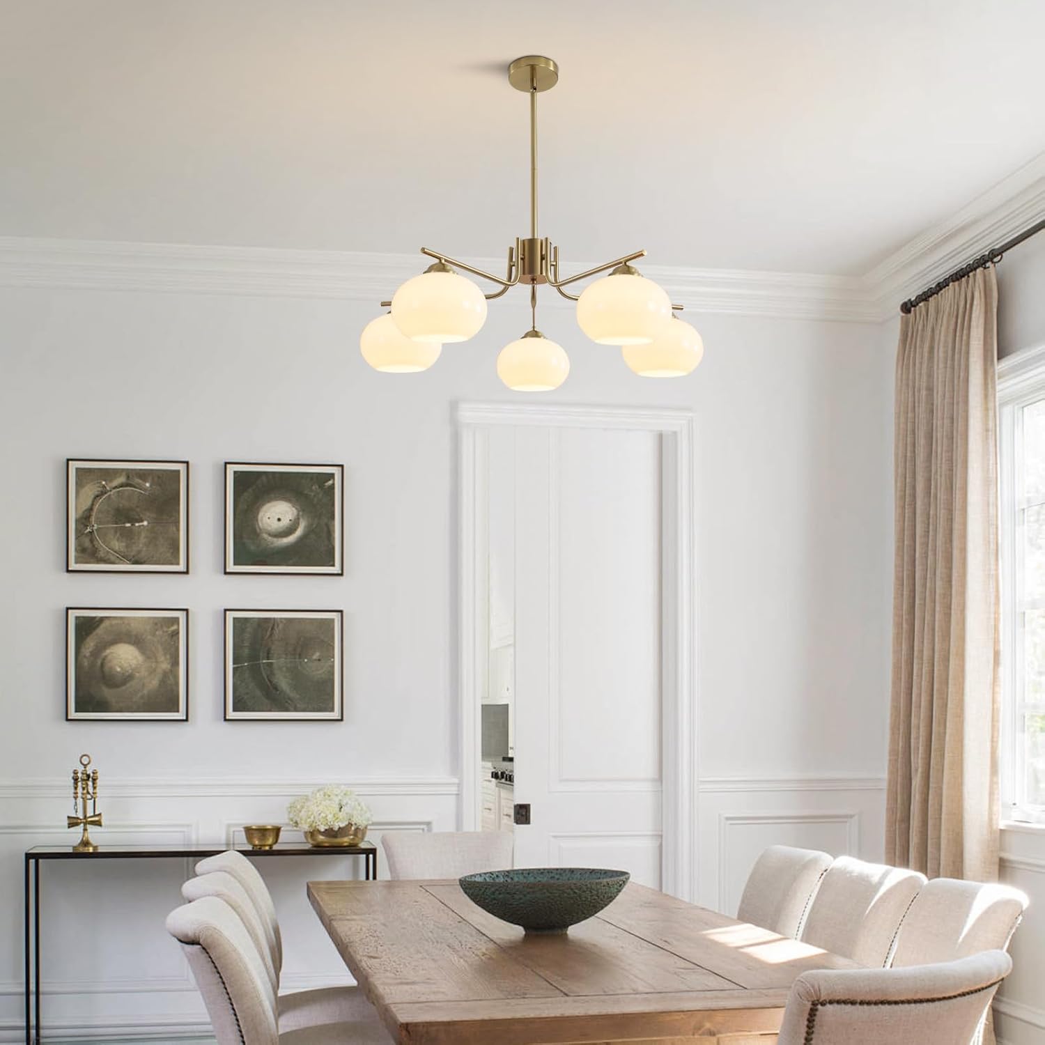 Modern Gold 5-Light Chandelier Mid Century Pendant Light with Glass Shades Adjustable Ceiling Fixture