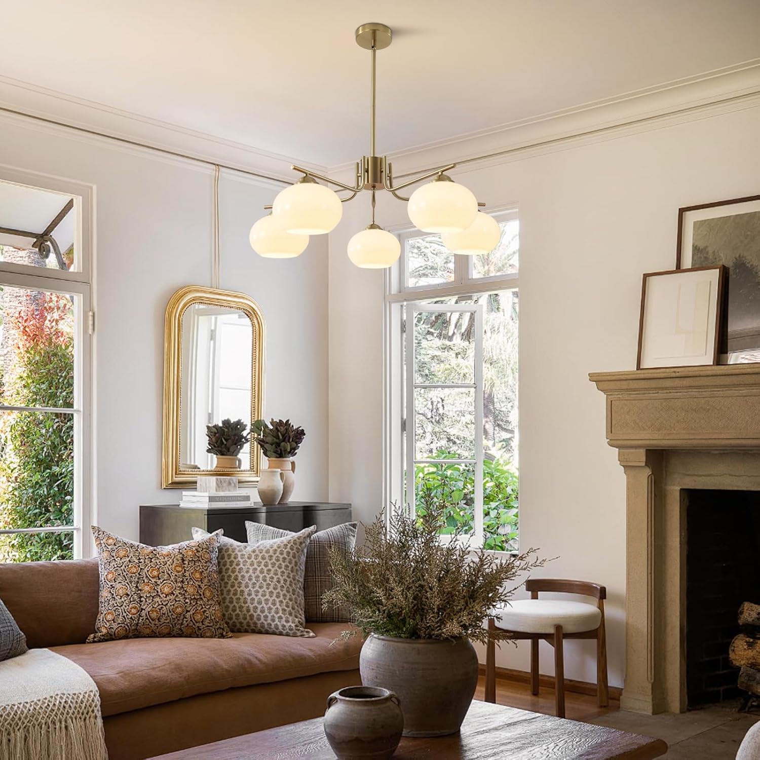 Modern Gold 5-Light Chandelier Mid Century Pendant Light with Glass Shades Adjustable Ceiling Fixture
