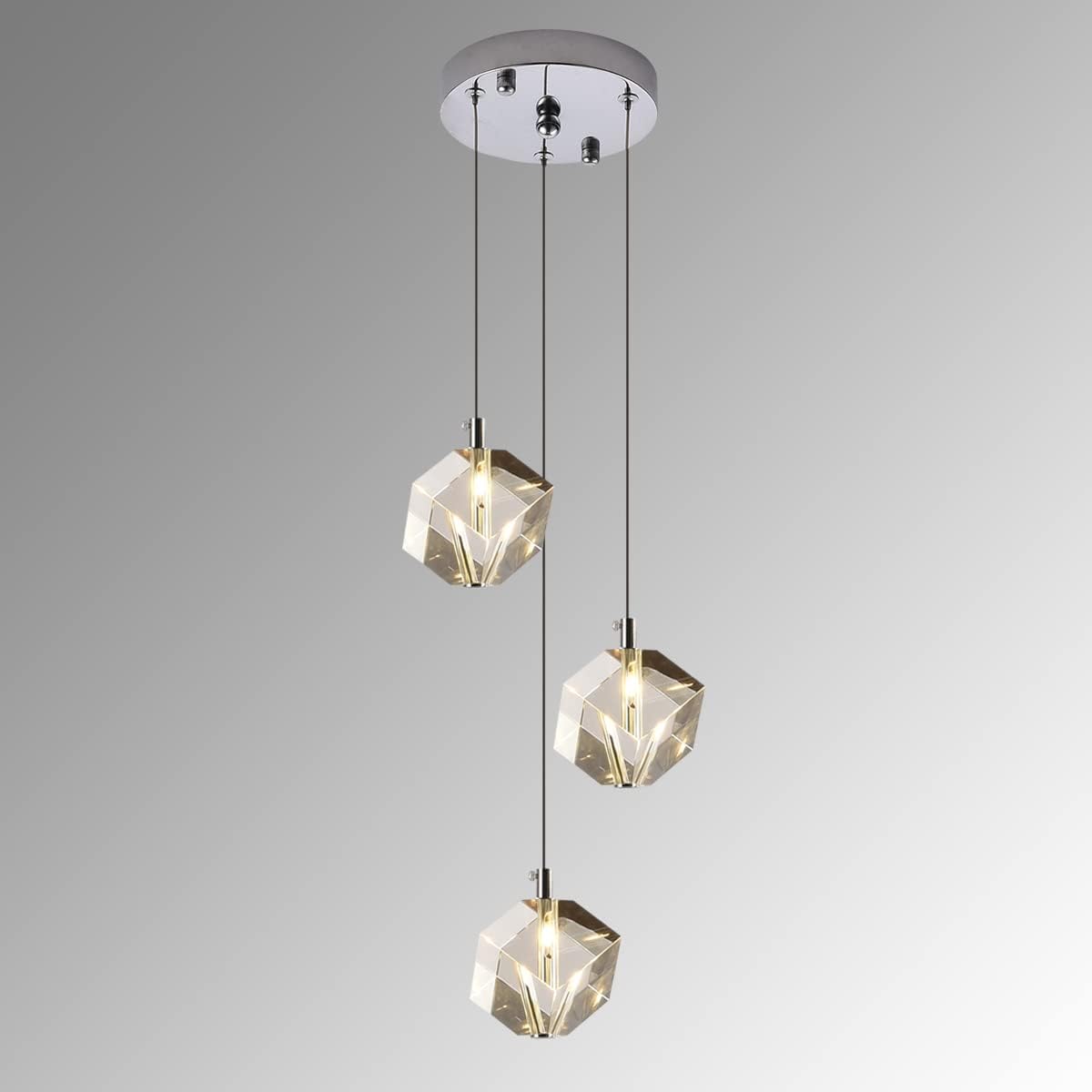 Modern 3-Light Chrome Cube Crystal Pendant Chandelier Adjustable Height 9W LED