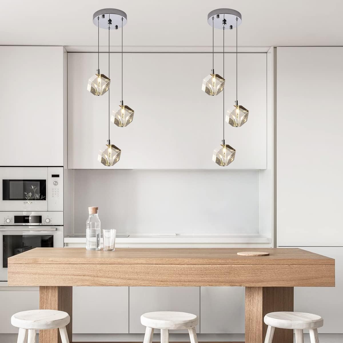 Modern 3-Light Chrome Cube Crystal Pendant Chandelier Adjustable Height 9W LED