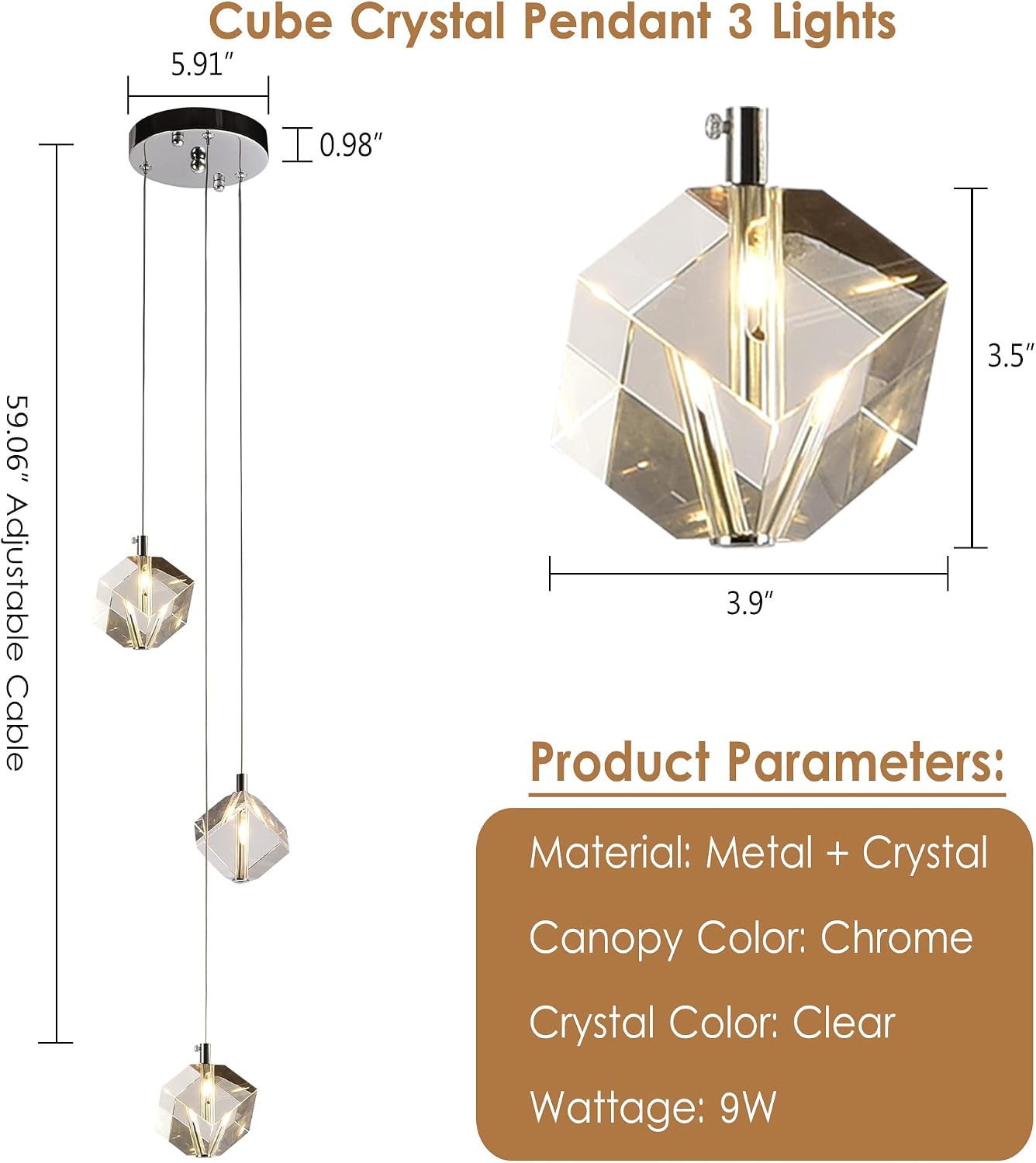 Modern 3-Light Chrome Cube Crystal Pendant Chandelier Adjustable Height 9W LED