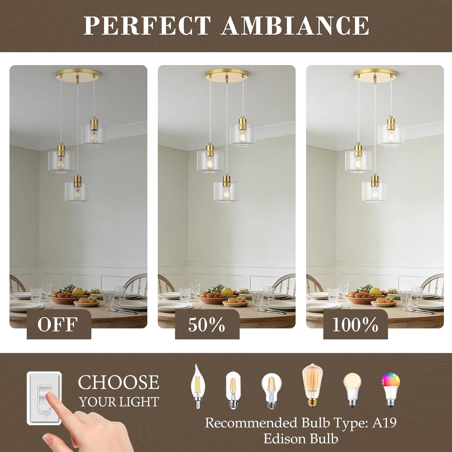 Modern 3 Light Brushed Gold Glass Cluster Pendant Chandelier Adjustable Hanging Ceiling Light