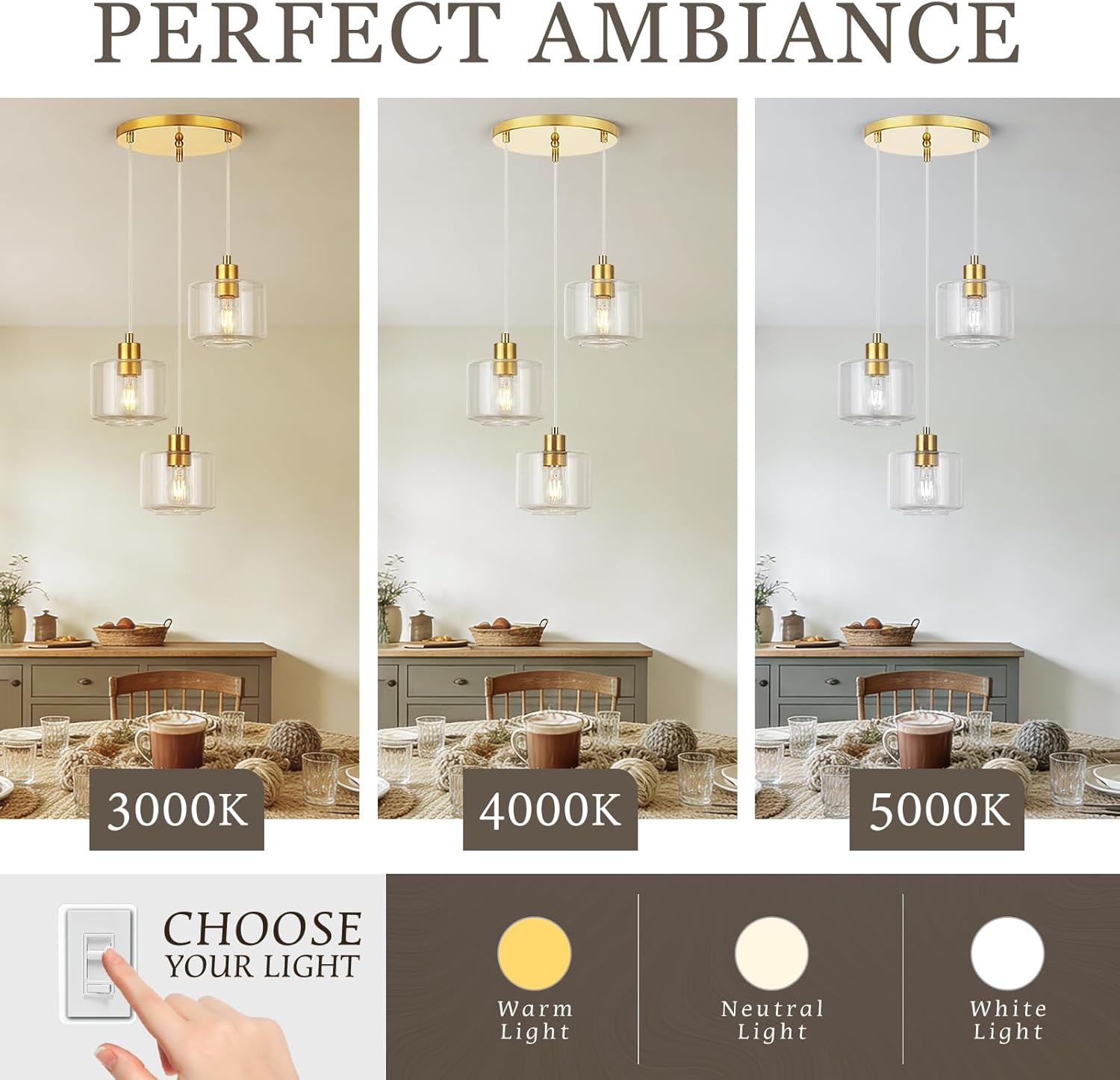 Modern 3 Light Brushed Gold Glass Cluster Pendant Chandelier Adjustable Hanging Ceiling Light