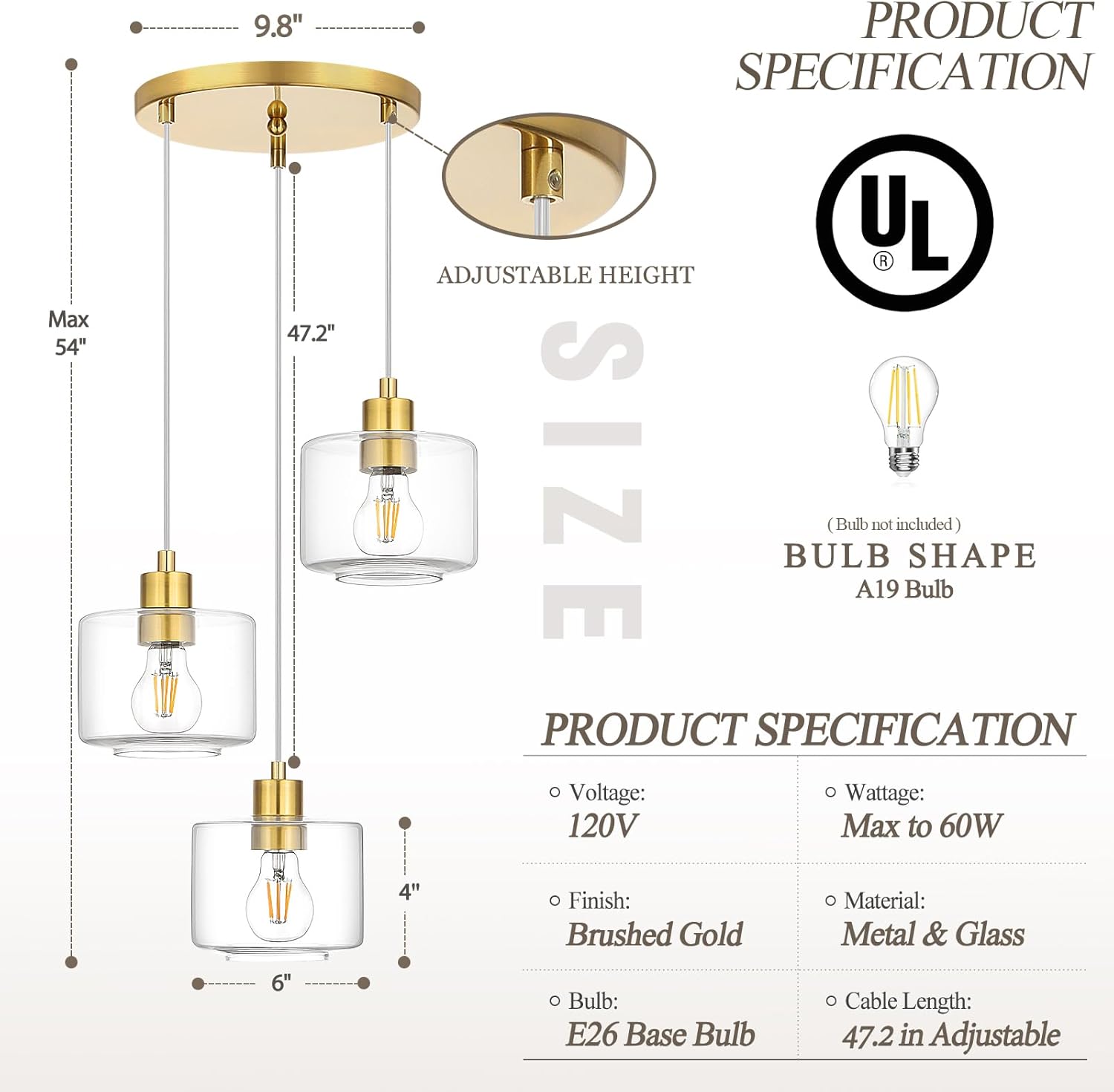 Modern 3 Light Brushed Gold Glass Cluster Pendant Chandelier Adjustable Hanging Ceiling Light