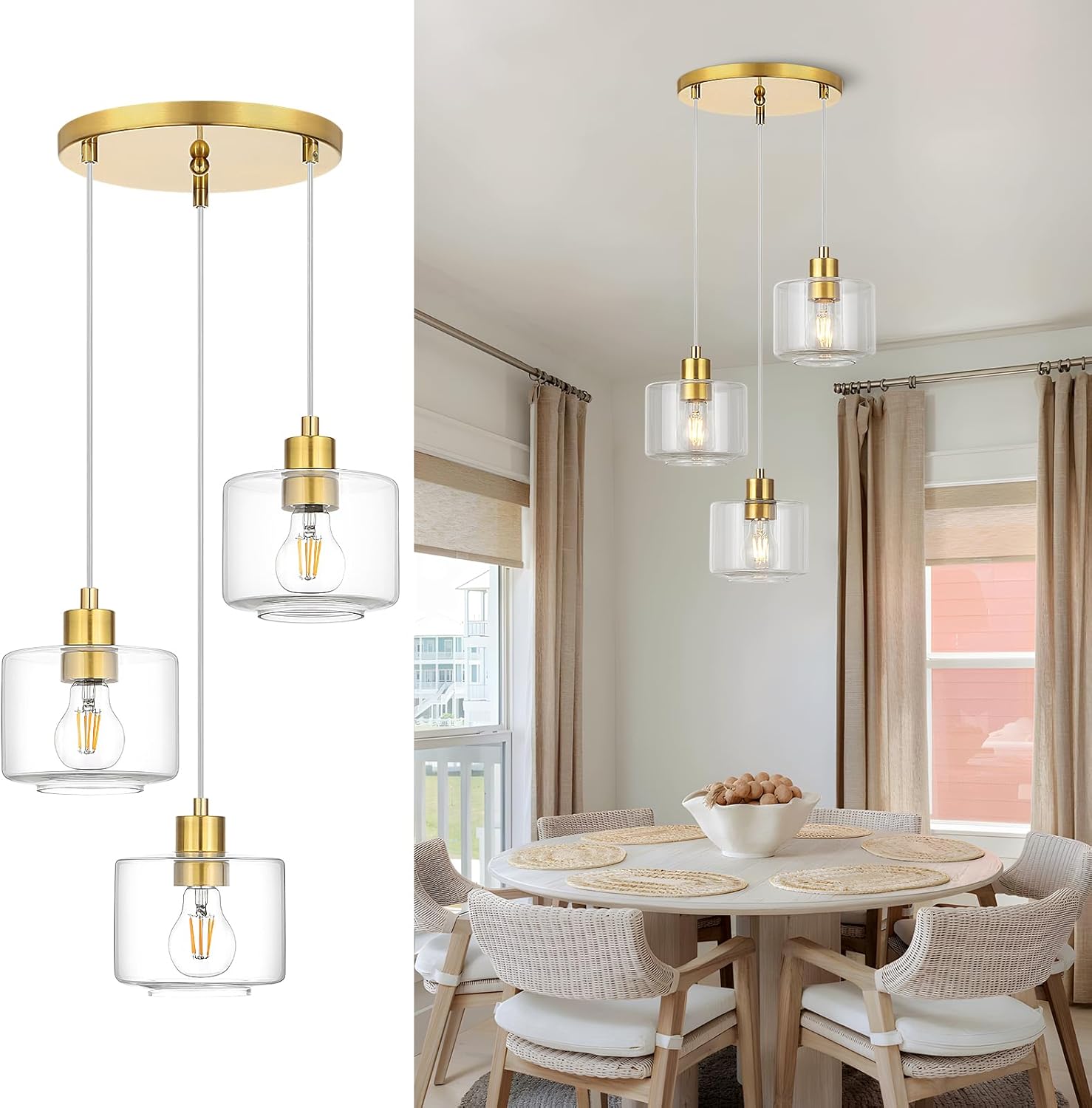 Modern 3 Light Brushed Gold Glass Cluster Pendant Chandelier Adjustable Hanging Ceiling Light