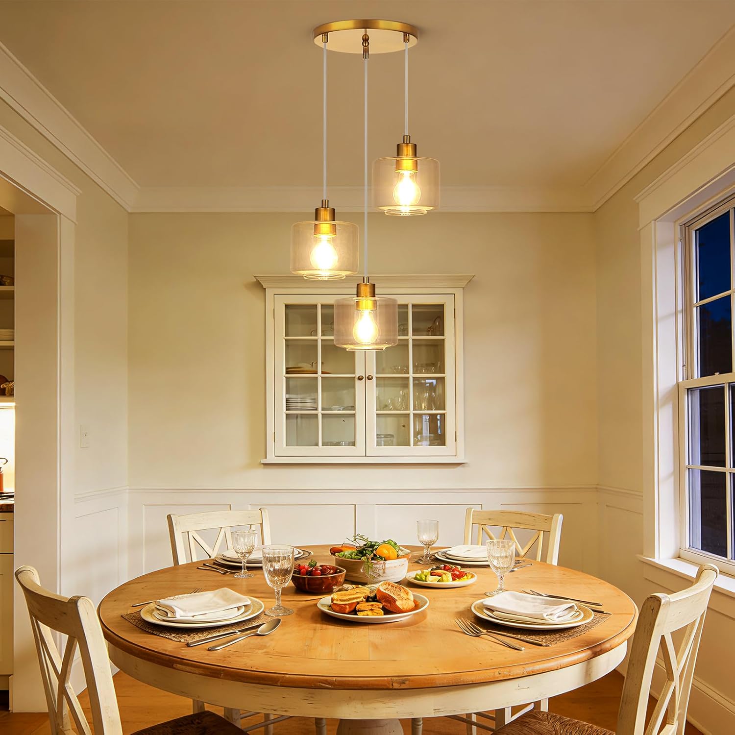 Modern 3 Light Brushed Gold Glass Cluster Pendant Chandelier Adjustable Hanging Ceiling Light