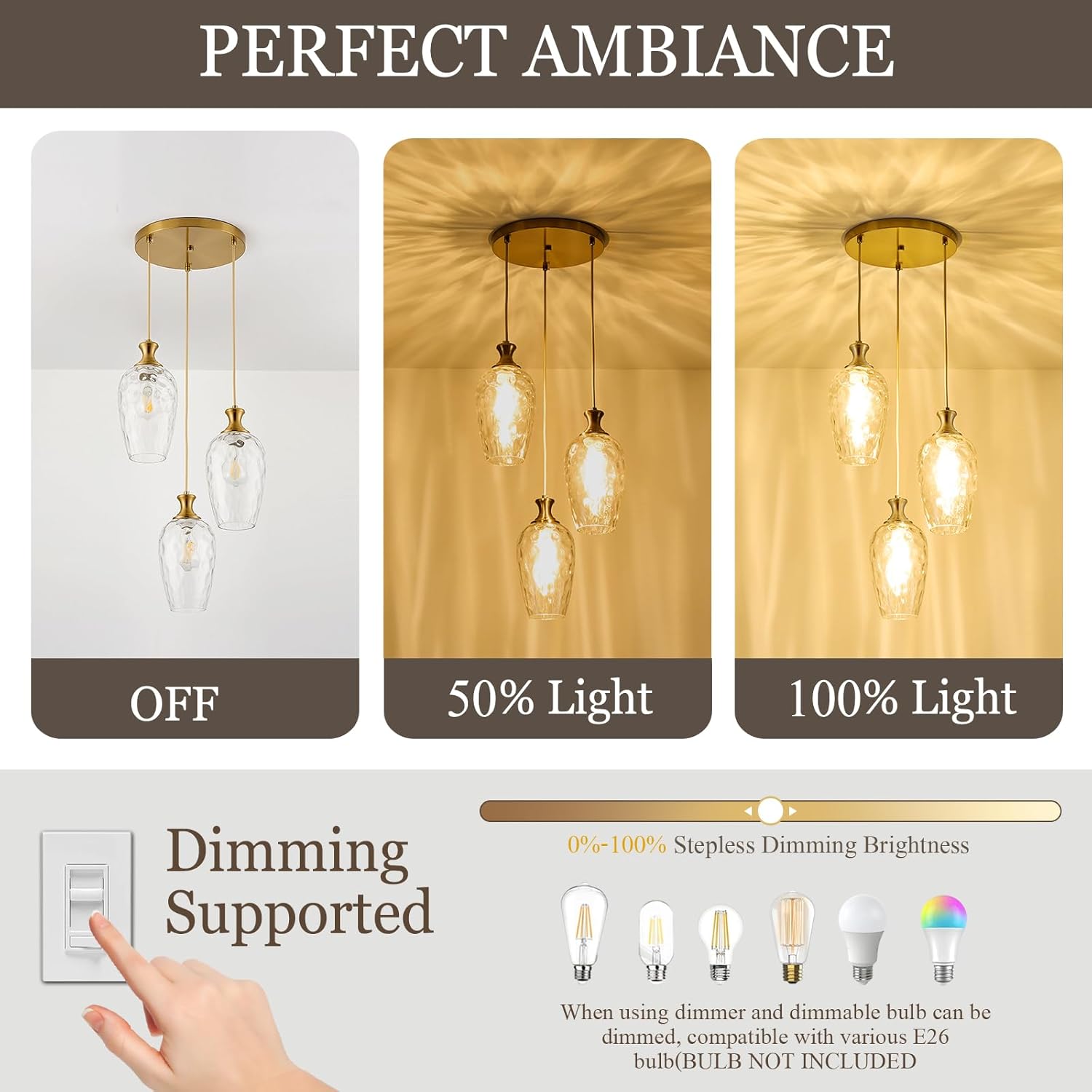 Modern 3 Light Brushed Gold Glass Pendant Chandelier Adjustable Hanging Ceiling Light