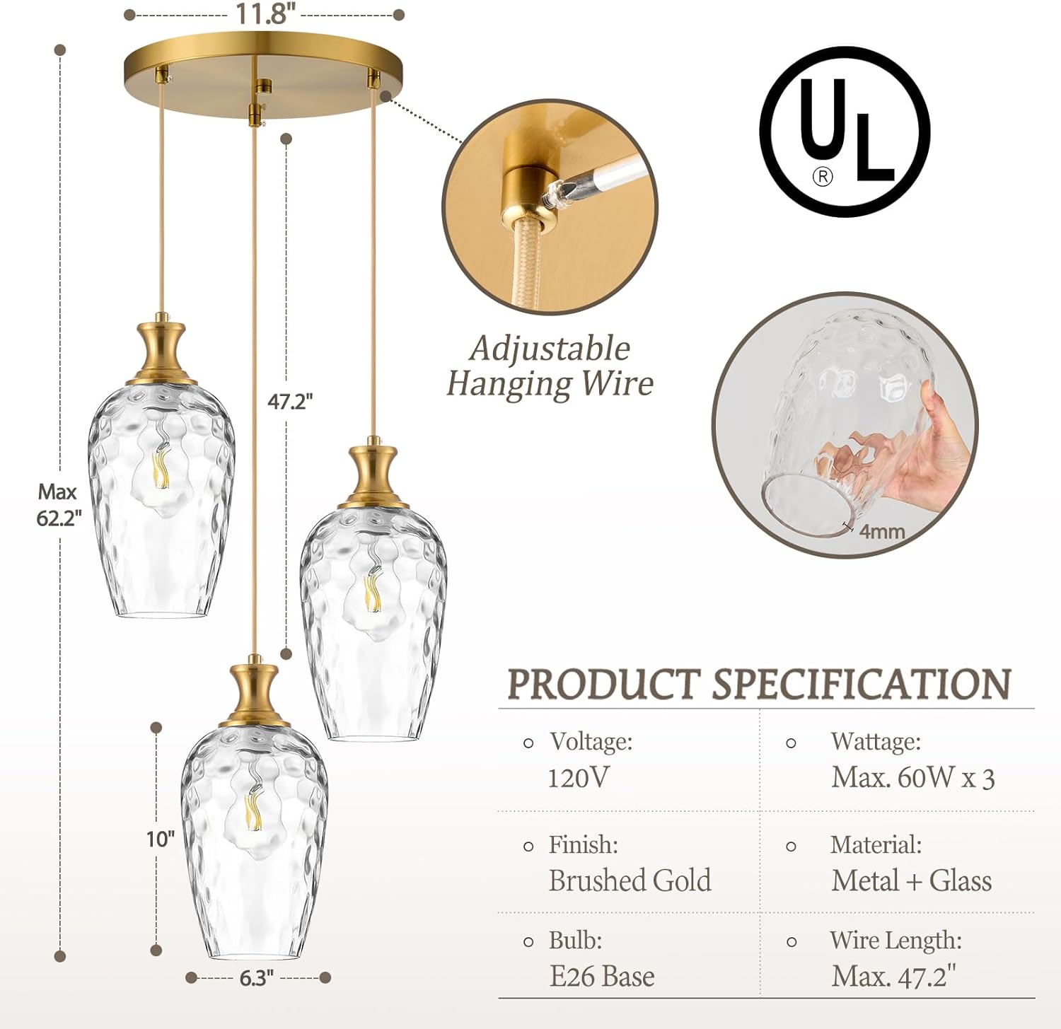Modern 3 Light Brushed Gold Glass Pendant Chandelier Adjustable Hanging Ceiling Light