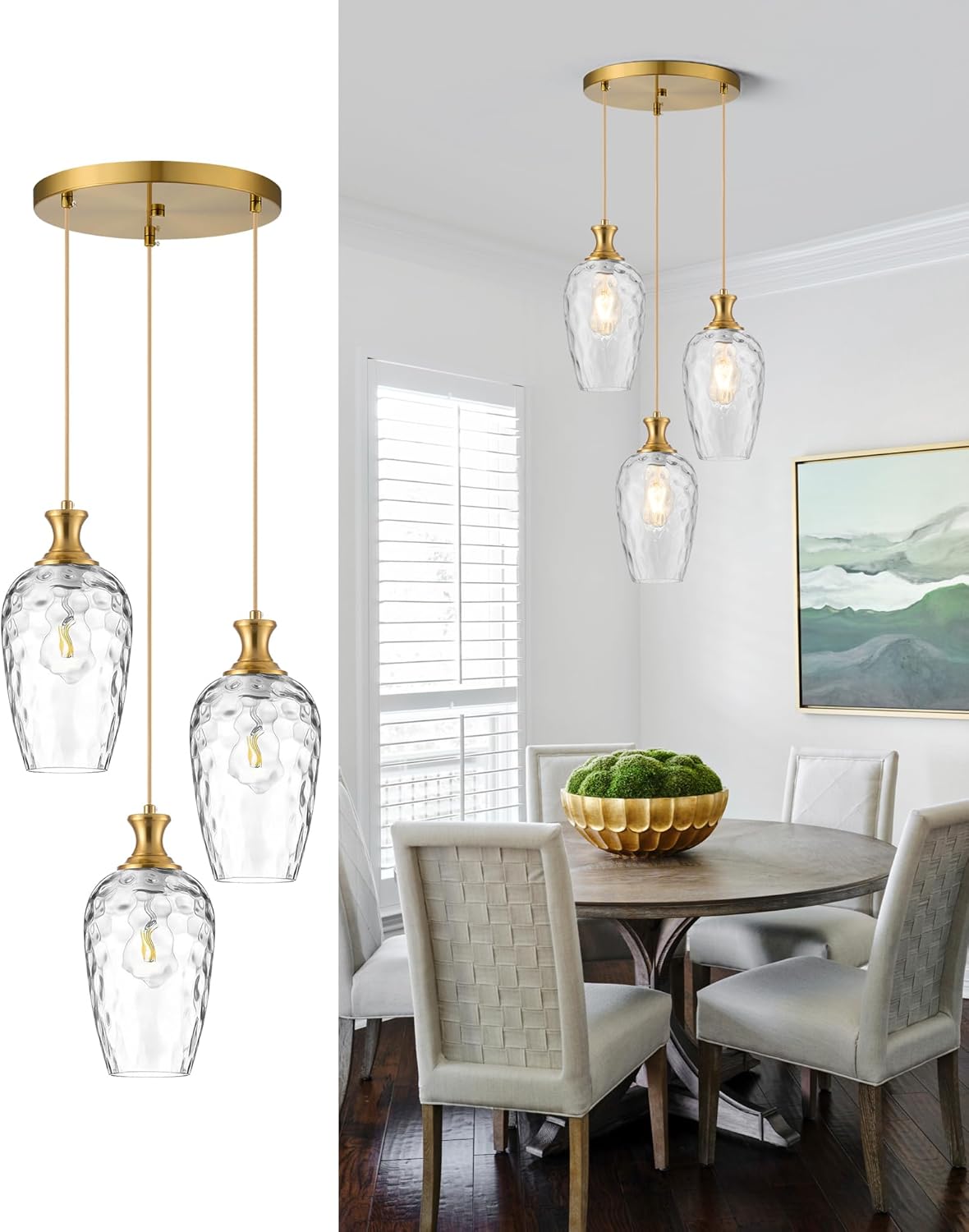 Modern 3 Light Brushed Gold Glass Pendant Chandelier Adjustable Hanging Ceiling Light