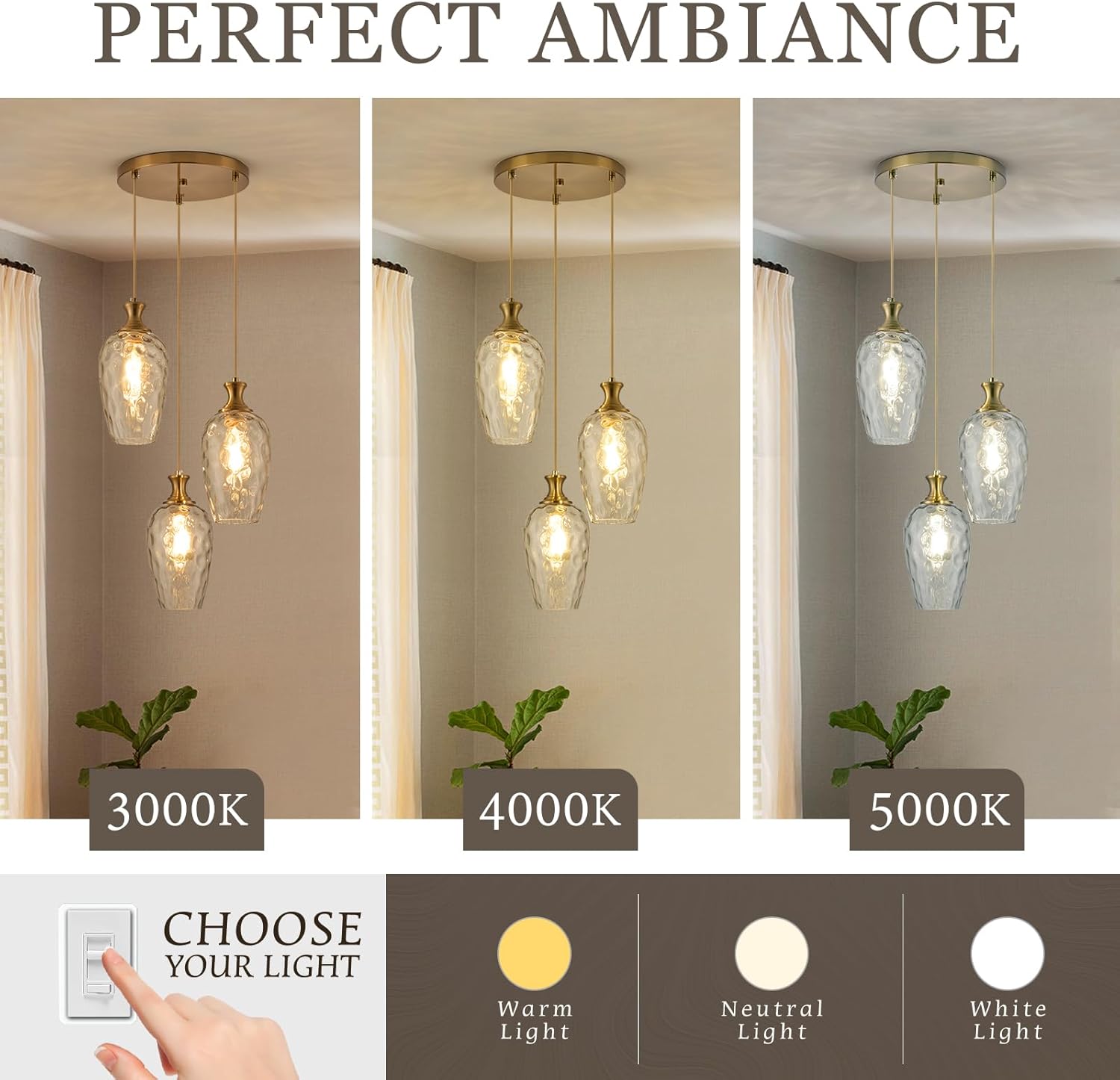 Modern 3 Light Brushed Gold Glass Pendant Chandelier Adjustable Hanging Ceiling Light
