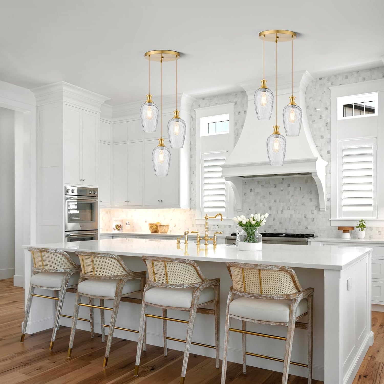 Modern 3 Light Brushed Gold Glass Pendant Chandelier Adjustable Hanging Ceiling Light