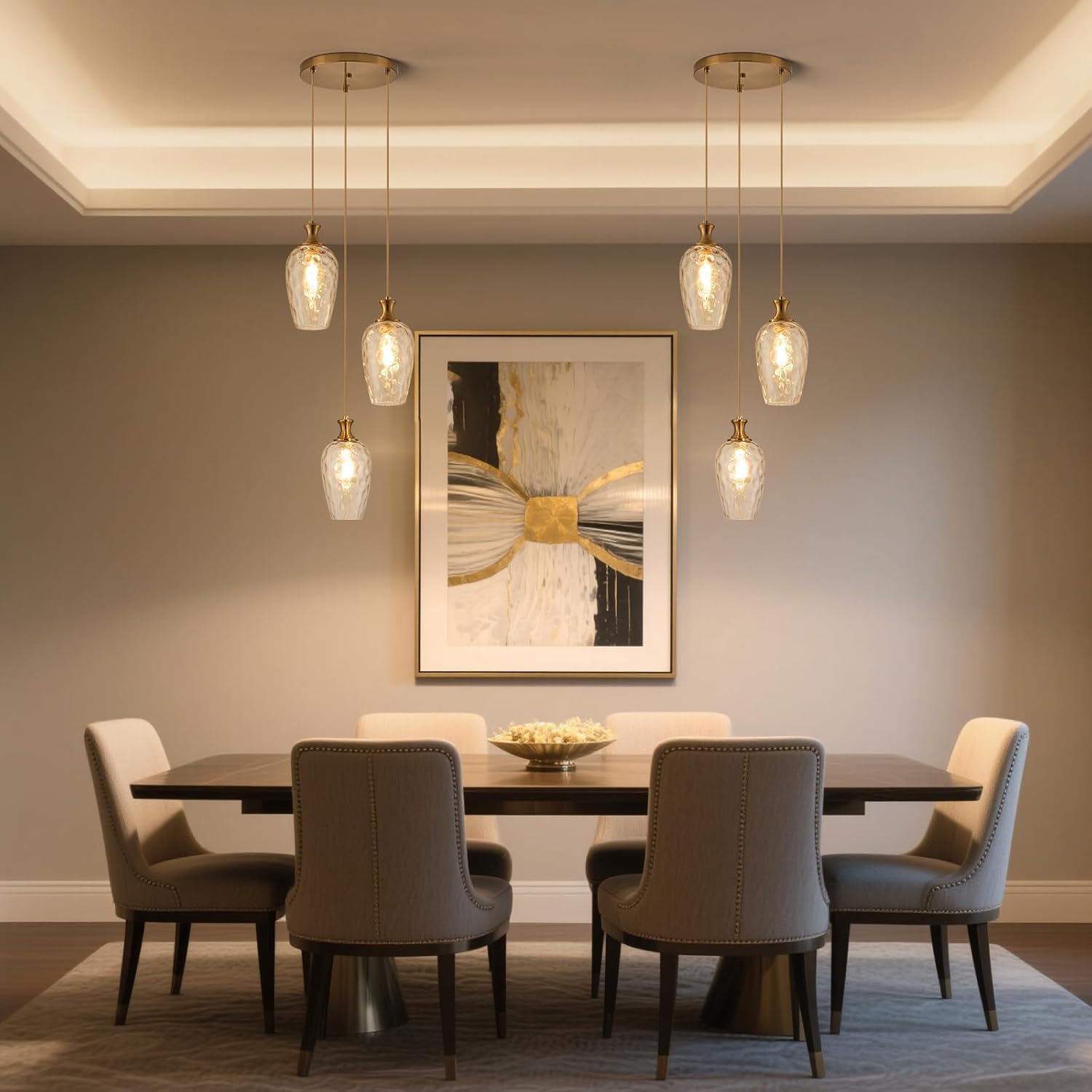 Modern 3 Light Brushed Gold Glass Pendant Chandelier Adjustable Hanging Ceiling Light