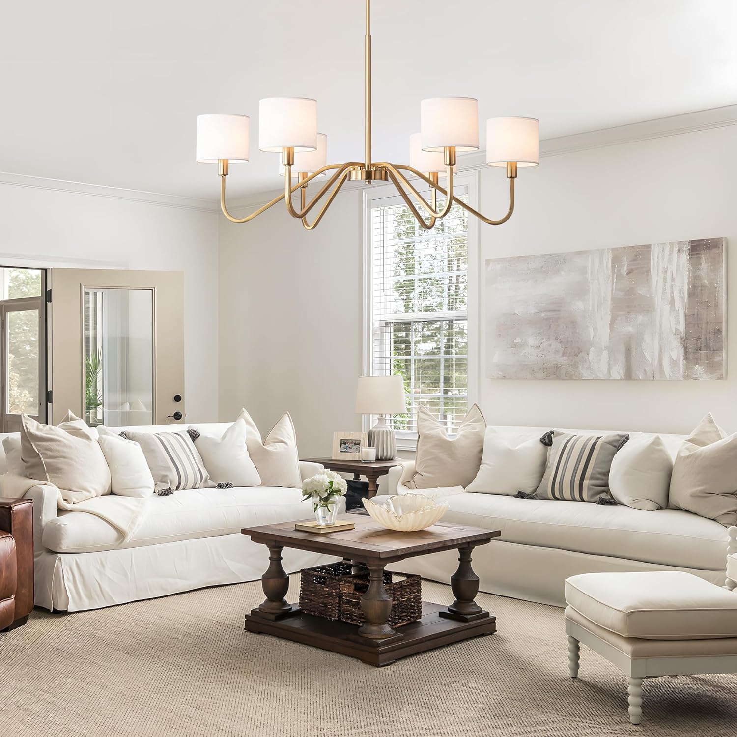 Modern 6-Light Gold Chandelier with White Fabric Shades, Adjustable E12 Dining Room Pendant
