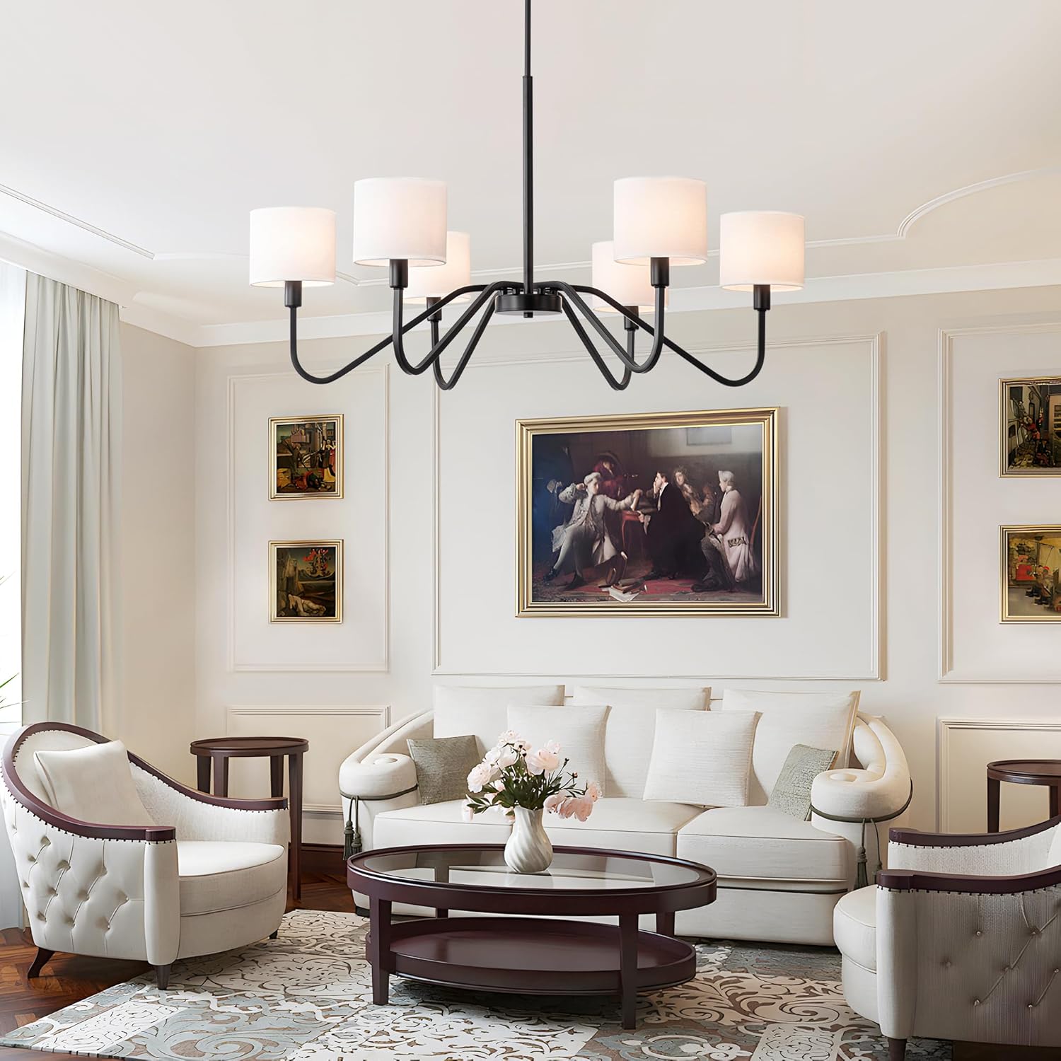Modern 6-Light Black Chandelier with White Fabric Shades, Adjustable E12 Dining Room Pendant
