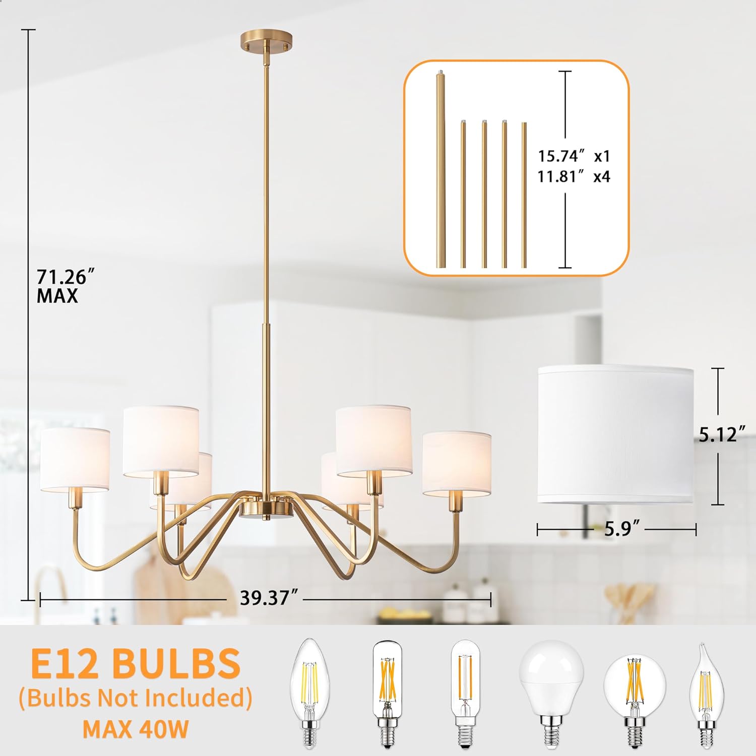 Modern 6-Light Gold Chandelier with White Fabric Shades, Adjustable E12 Dining Room Pendant