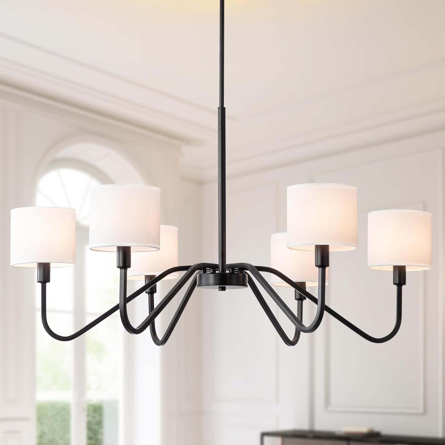 Modern 6-Light Black Chandelier with White Fabric Shades, Adjustable E12 Dining Room Pendant