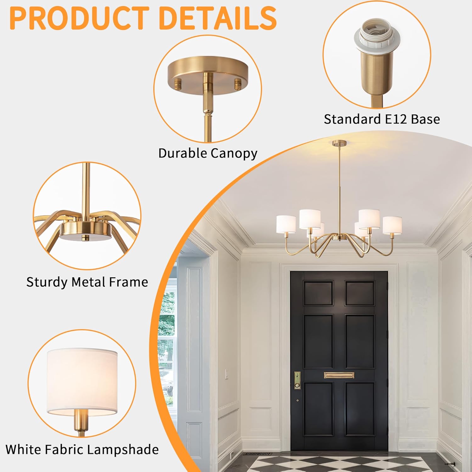 Modern 6-Light Gold Chandelier with White Fabric Shades, Adjustable E12 Dining Room Pendant
