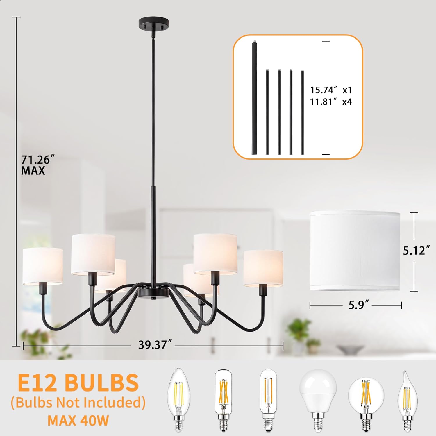 Modern 6-Light Black Chandelier with White Fabric Shades, Adjustable E12 Dining Room Pendant