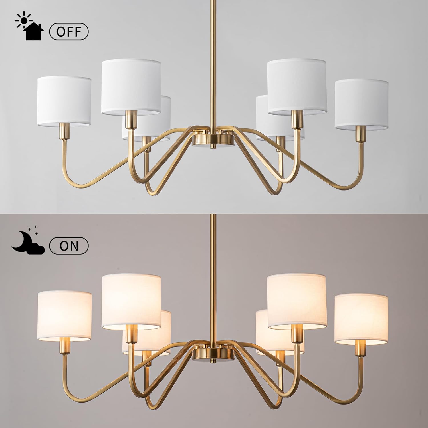 Modern 6-Light Gold Chandelier with White Fabric Shades, Adjustable E12 Dining Room Pendant