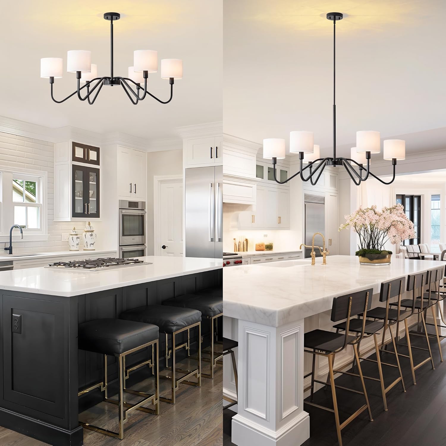 Modern 6-Light Black Chandelier with White Fabric Shades, Adjustable E12 Dining Room Pendant