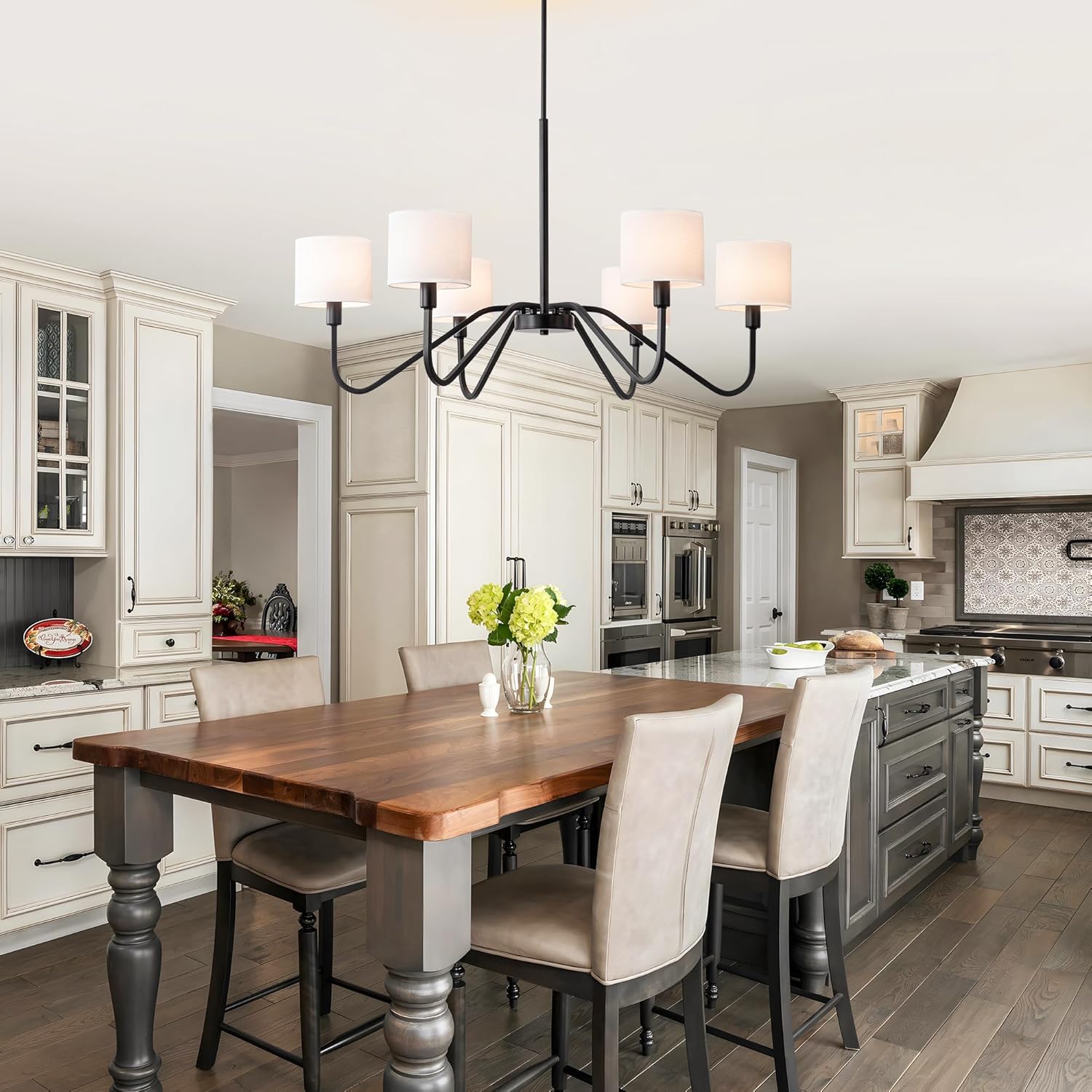 Modern 6-Light Black Chandelier with White Fabric Shades, Adjustable E12 Dining Room Pendant